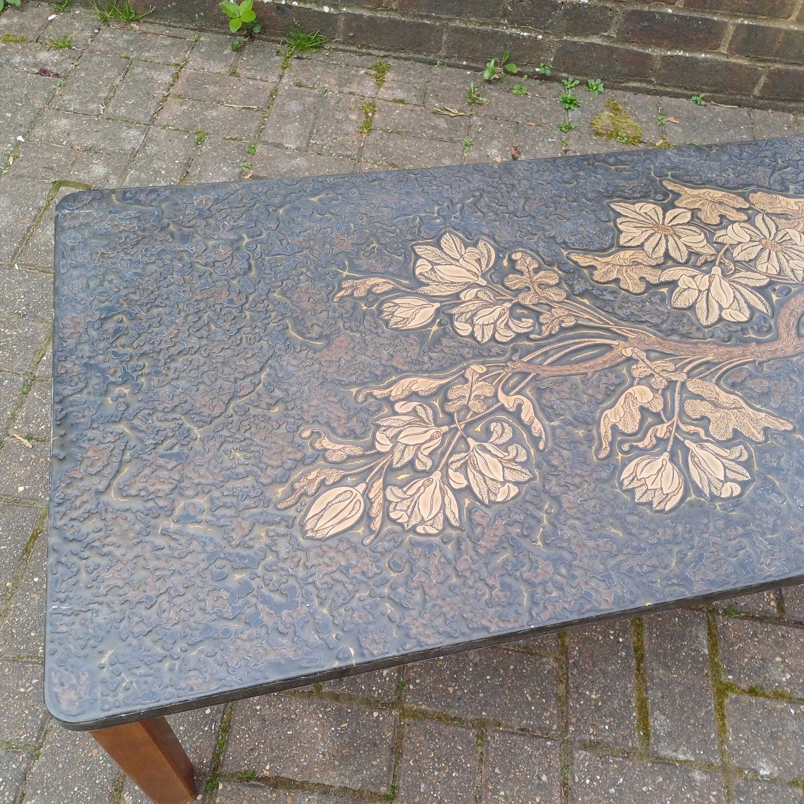 photo for sale Huge Mid Century Retro Sculpted Coffee Table 1970s Floral Relief Top Brutalist Art Nouveau Style Gold Bronze Resin