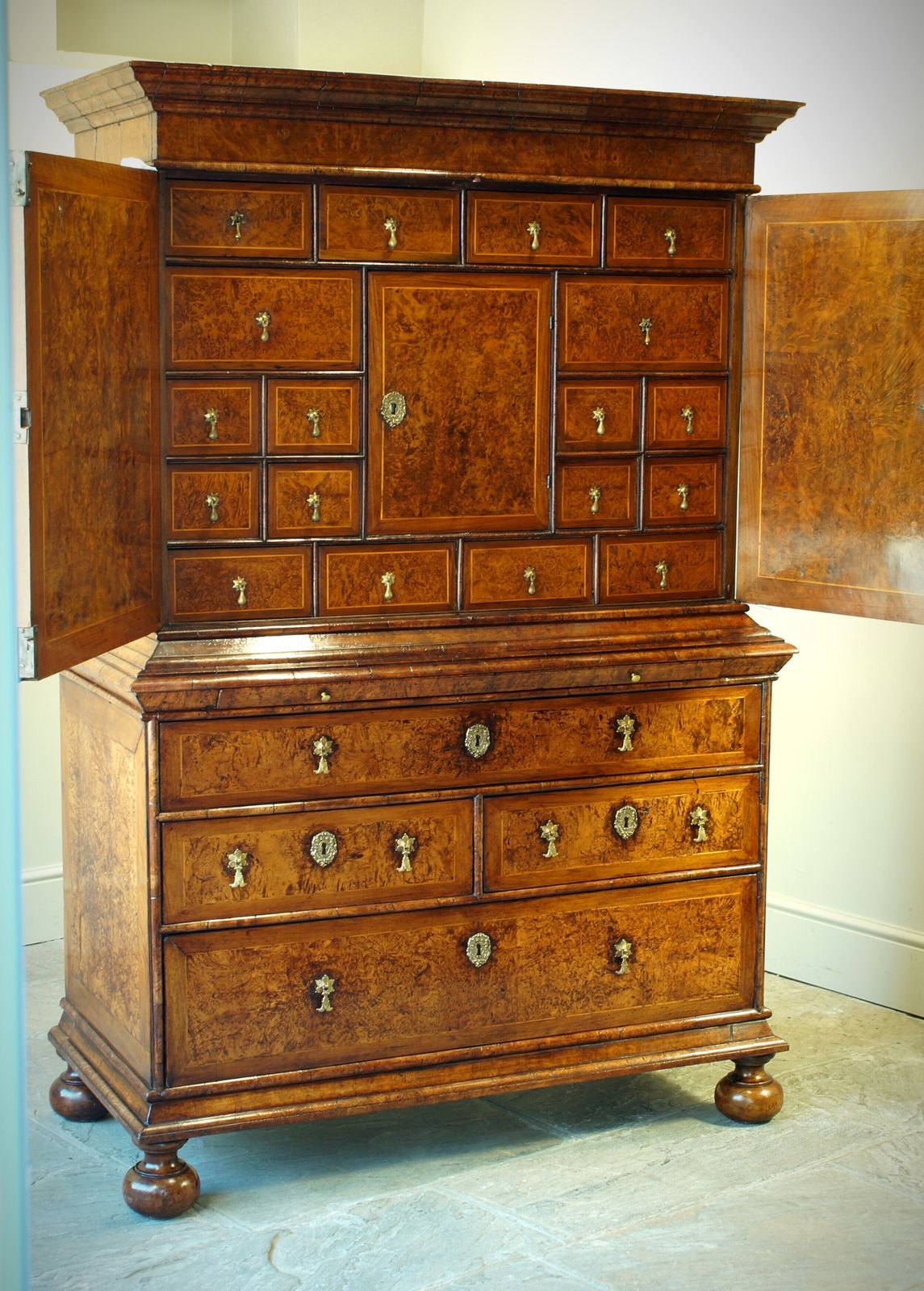 William And Mary Burr Amboyna Cabinet On Chest. photo furniture