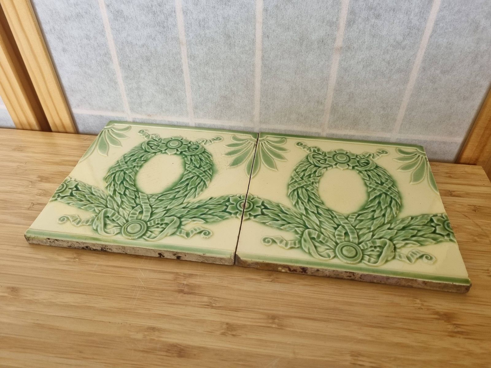 Minton Hollins Green Wreath Tiles | Victorian Antique Architectural Salvage | Decorative Fireplace Tiles | Collectible Ceramic Art photo Home Fixtures