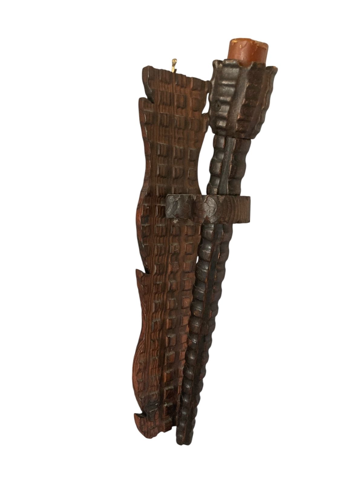 Neo Gothic Medieval Style Carved Wood Wall Candle Holder Or Torchere photo for sale