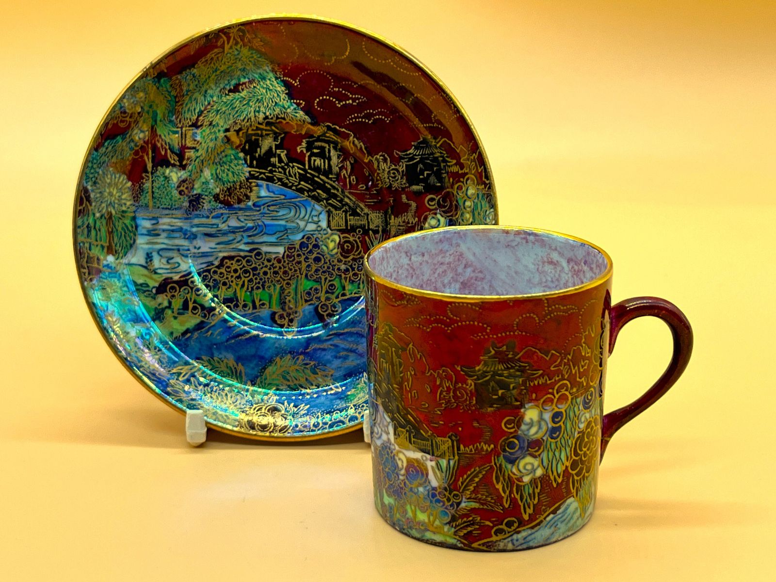 Antique A G Harley Jones Wilton Ware Red Luster Design Demitasse Cup & Saucer Duo. 711820. photo for sale