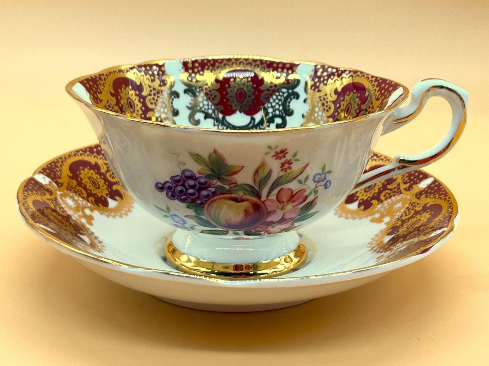 Vintage Paragon China Quatrefoil Shape Red And Gold With Pink Chintz Centre Tea Cup And Saucer Duo. photo vintage