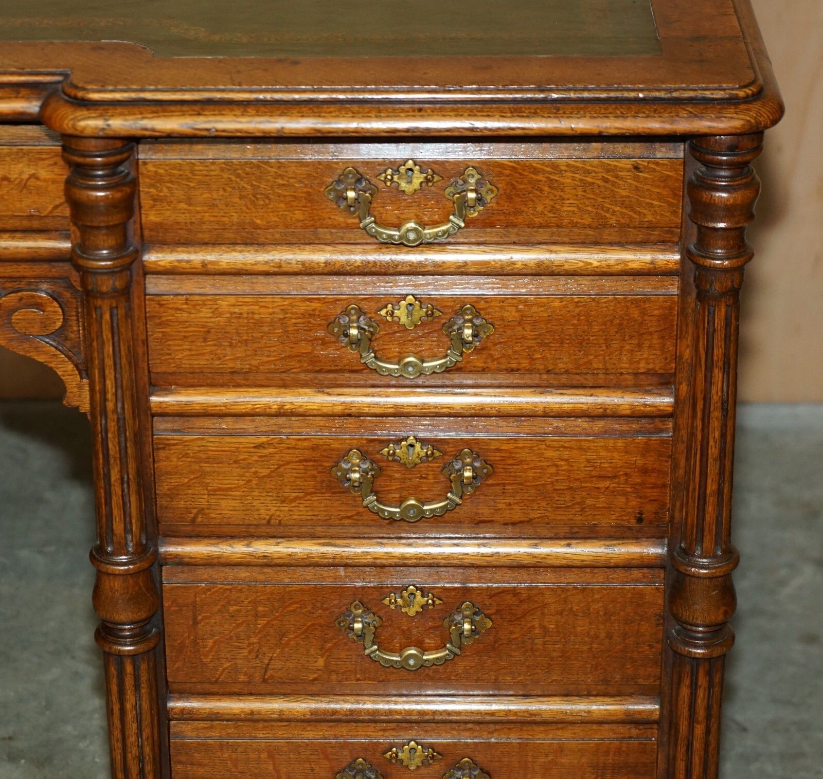 6950.0 Antique Restored C Hindley & Son English Oak Green Leather Double Sided Desk photo