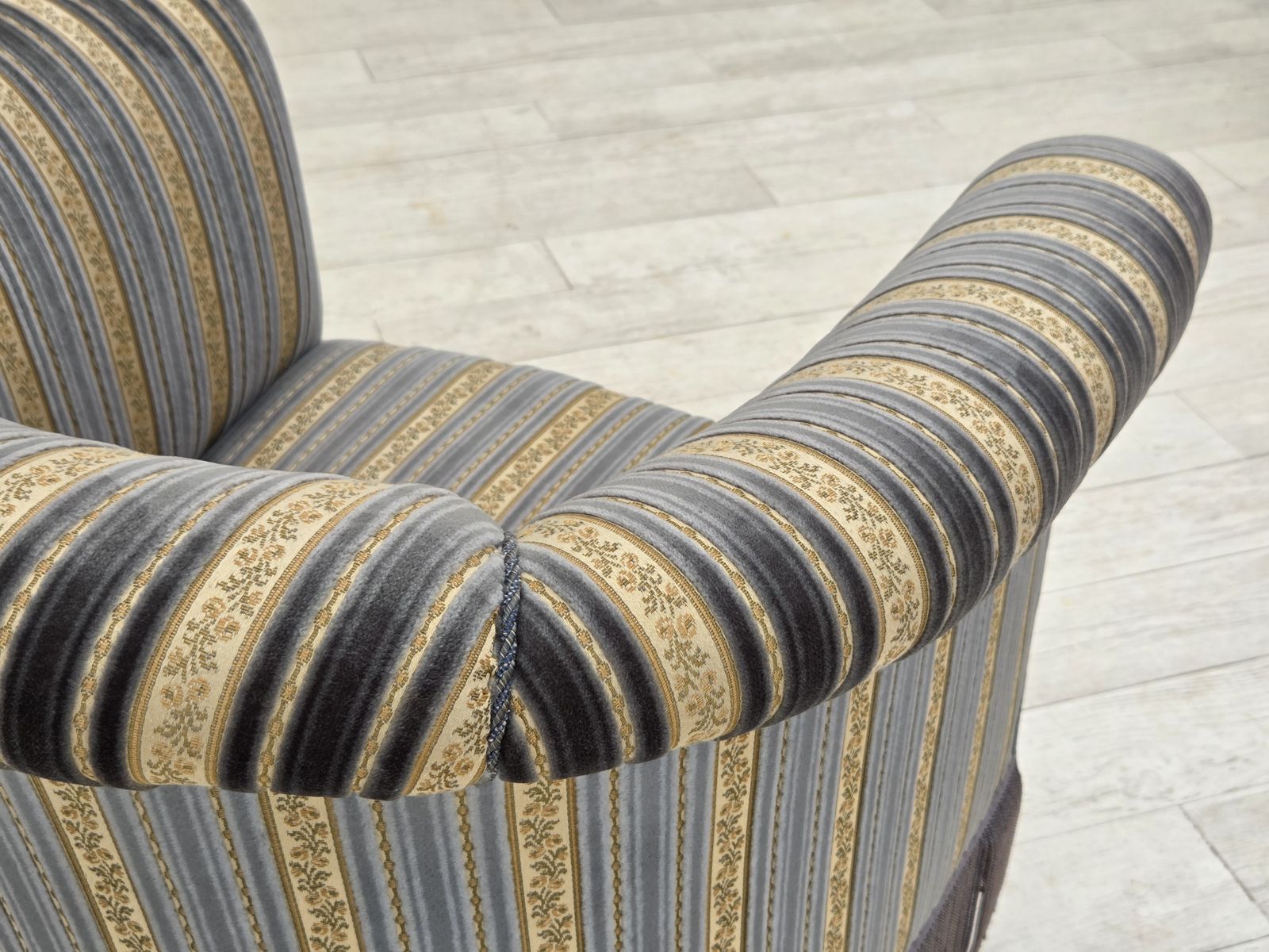 photo for sale 1960s, Danish Lounge Chair, Blue/Beige Furniture Velour, Beech Wood Legs.