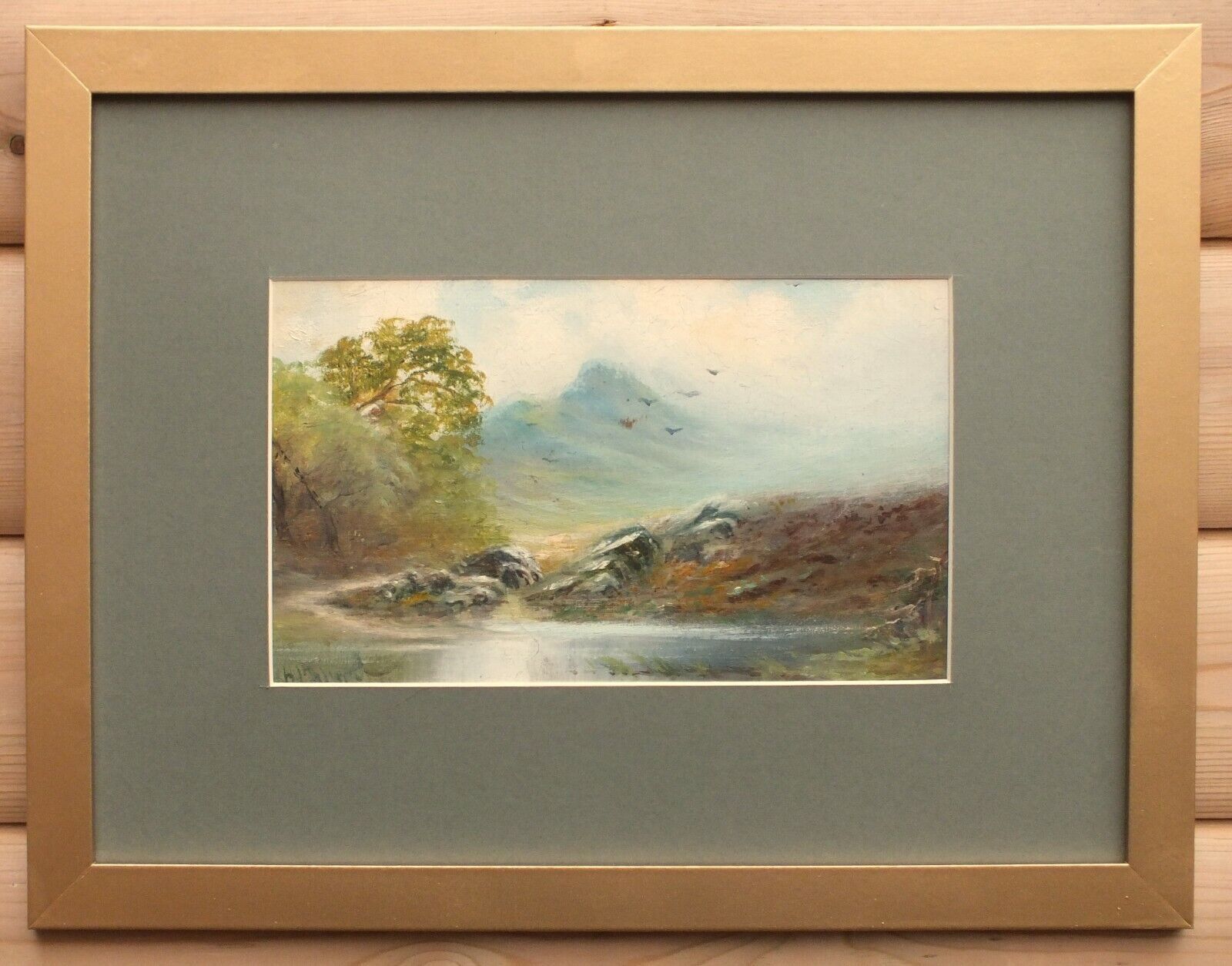 Scottish Highlands Mountain Landscape Antique Oil Painting Framed Mounted photo furniture