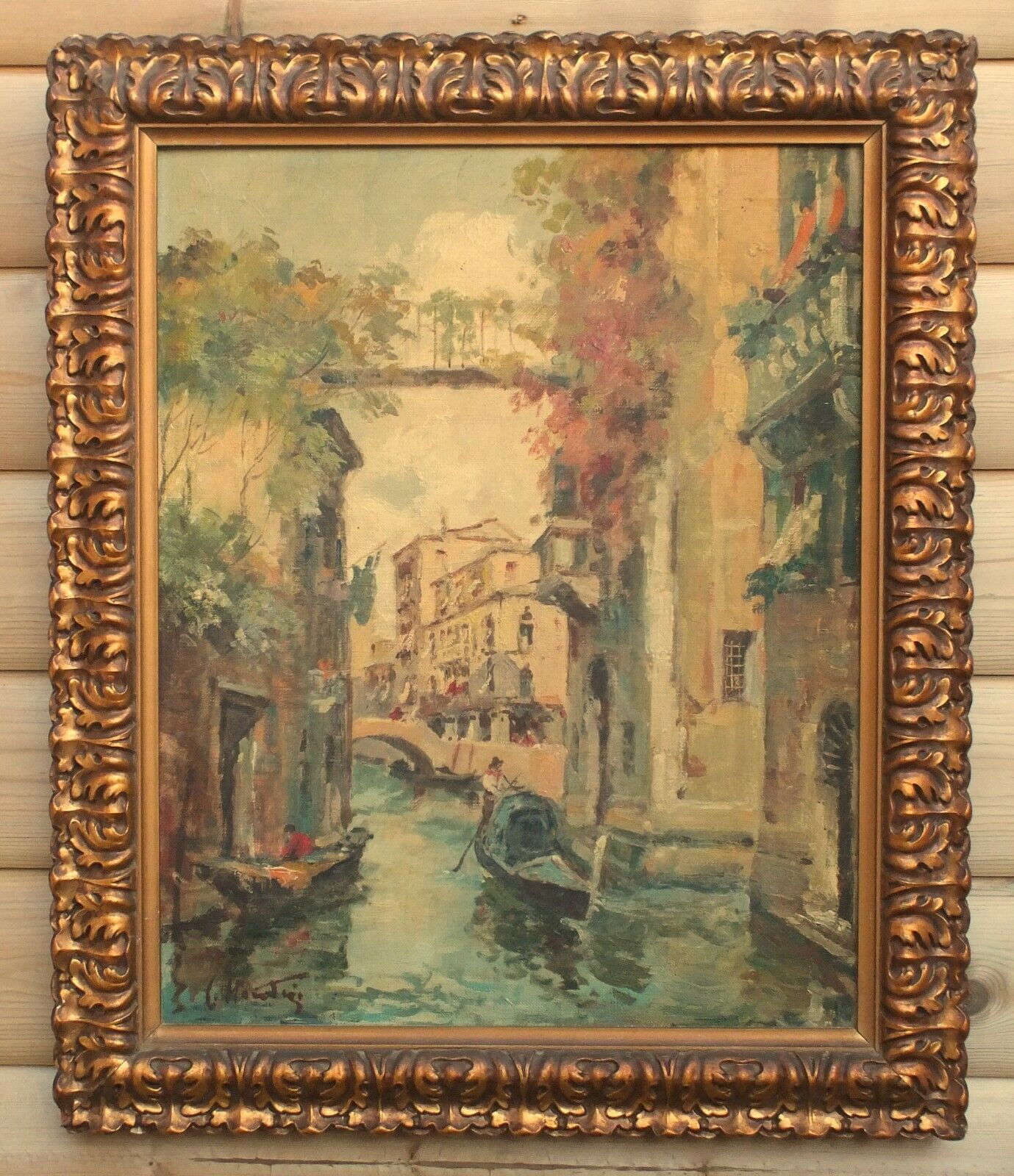 Venice Oil Painting Canal Gondolas Antique Framed Carlo Montesi Original Listed