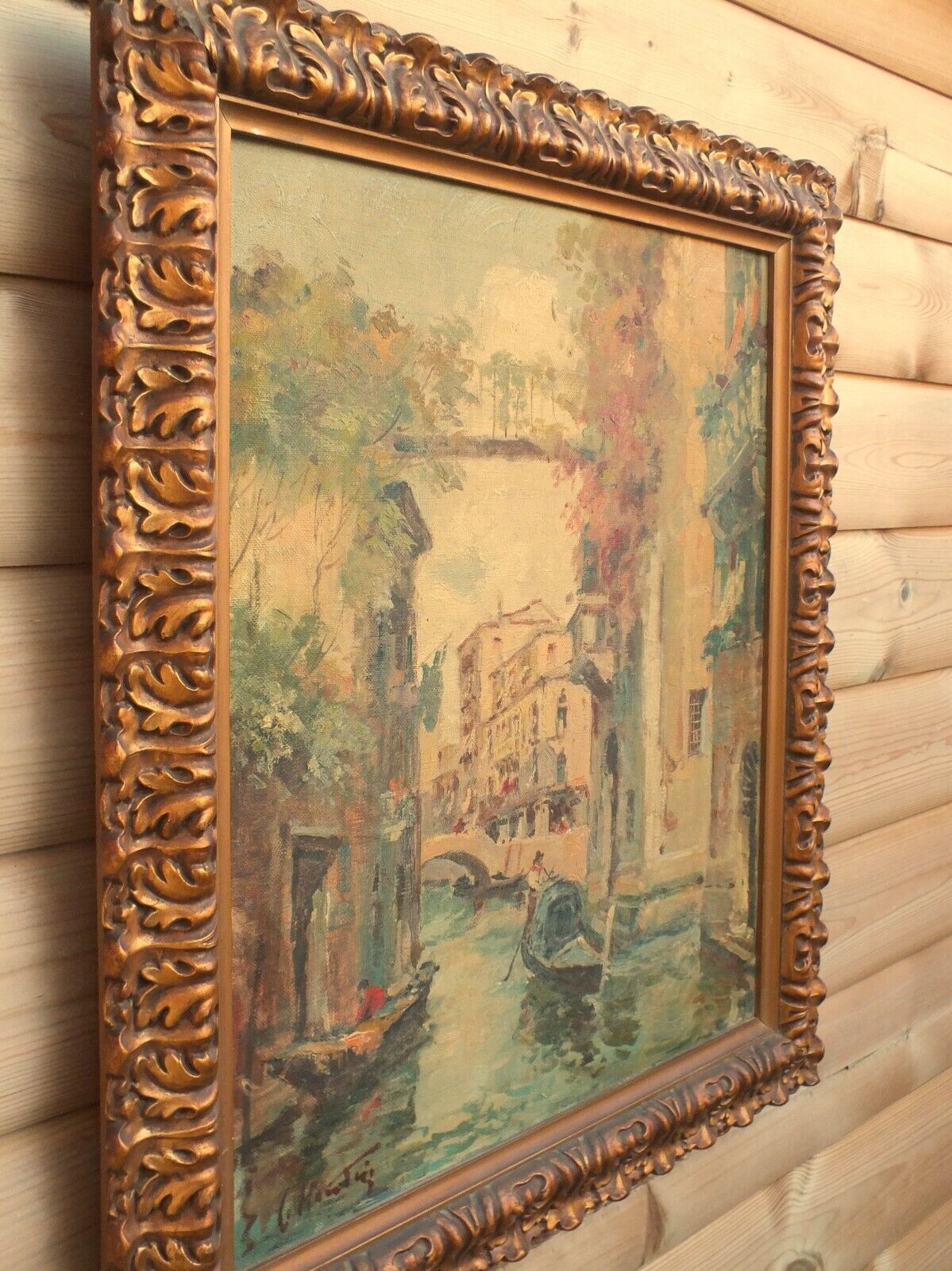 Venice Oil Painting Canal Gondolas Antique Framed Carlo Montesi Original Listed photo vinterior