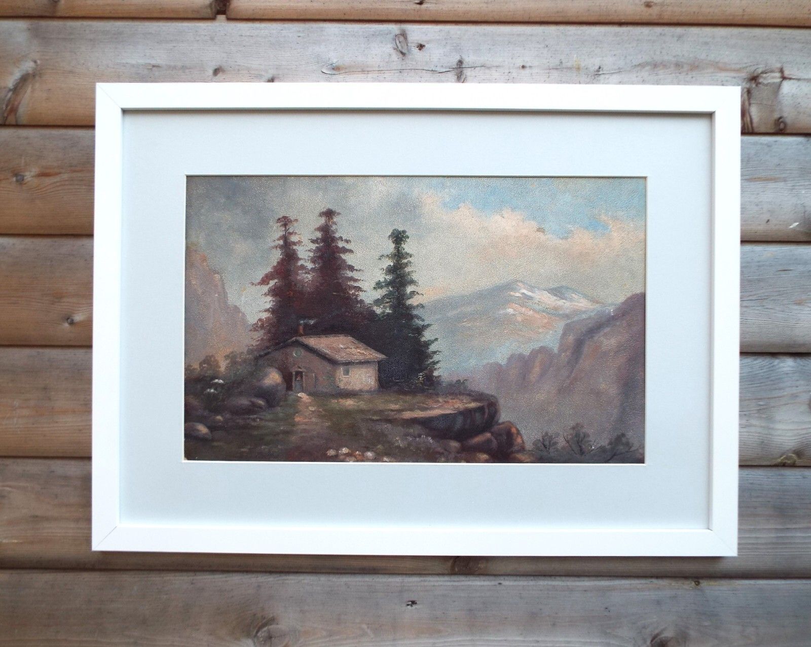 Antique Framed Landscape Original Oil Painting Switzerland Austria Alps photo furniture