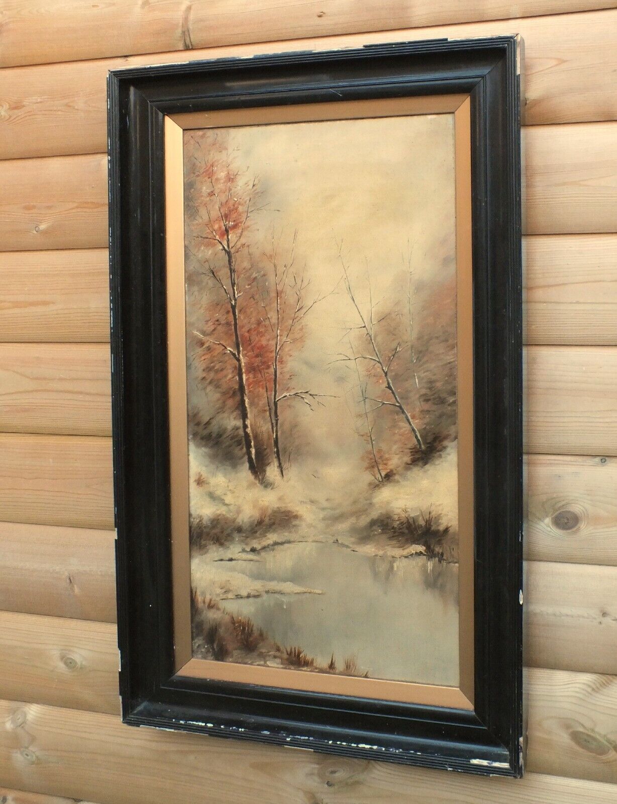 Large Antique Victorian Framed Oil Landscape Painting Ebonized Mahogany Frame photo 950.0
