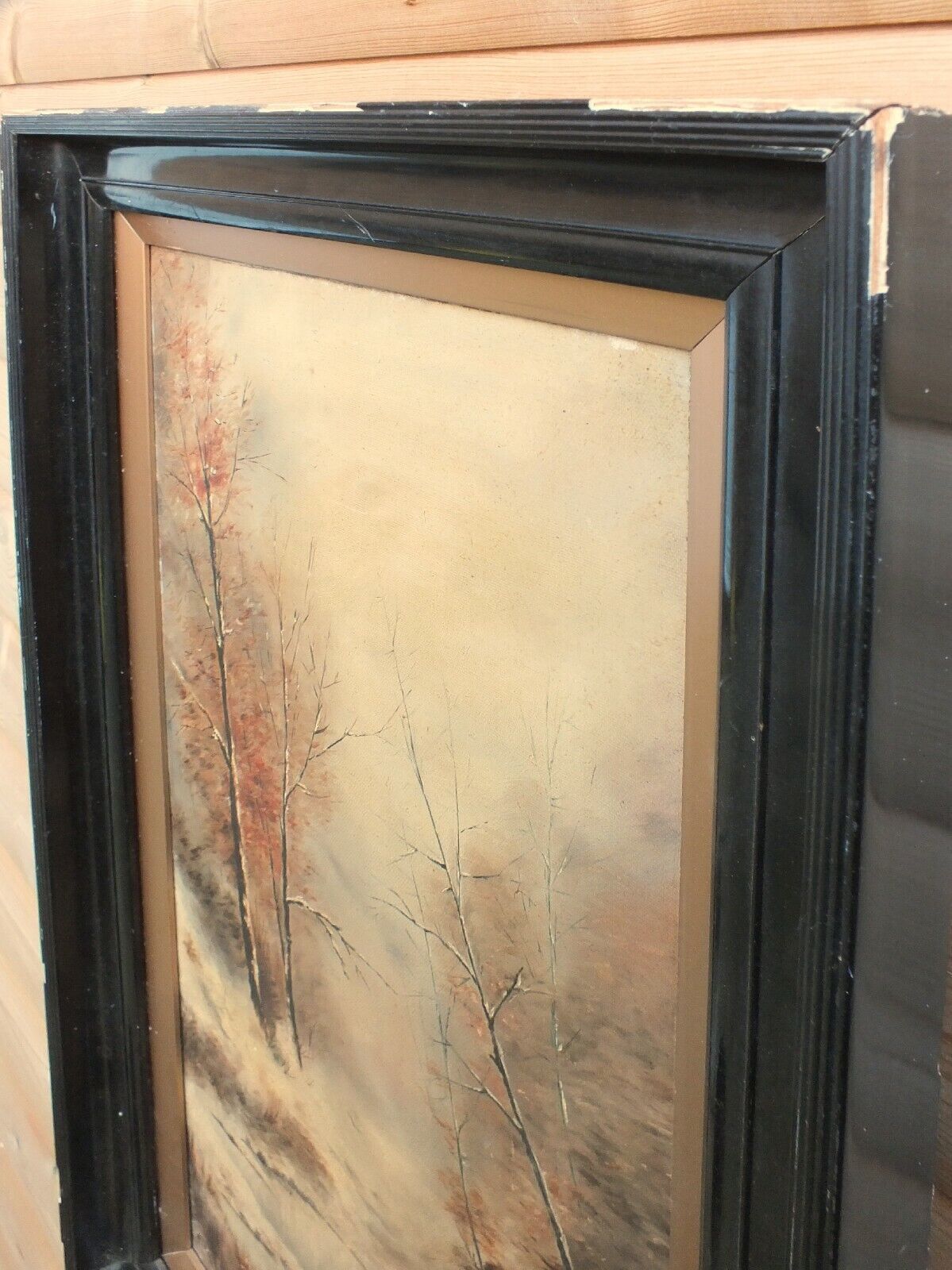 Large Antique Victorian Framed Oil Landscape Painting Ebonized Mahogany Frame photo vinterior