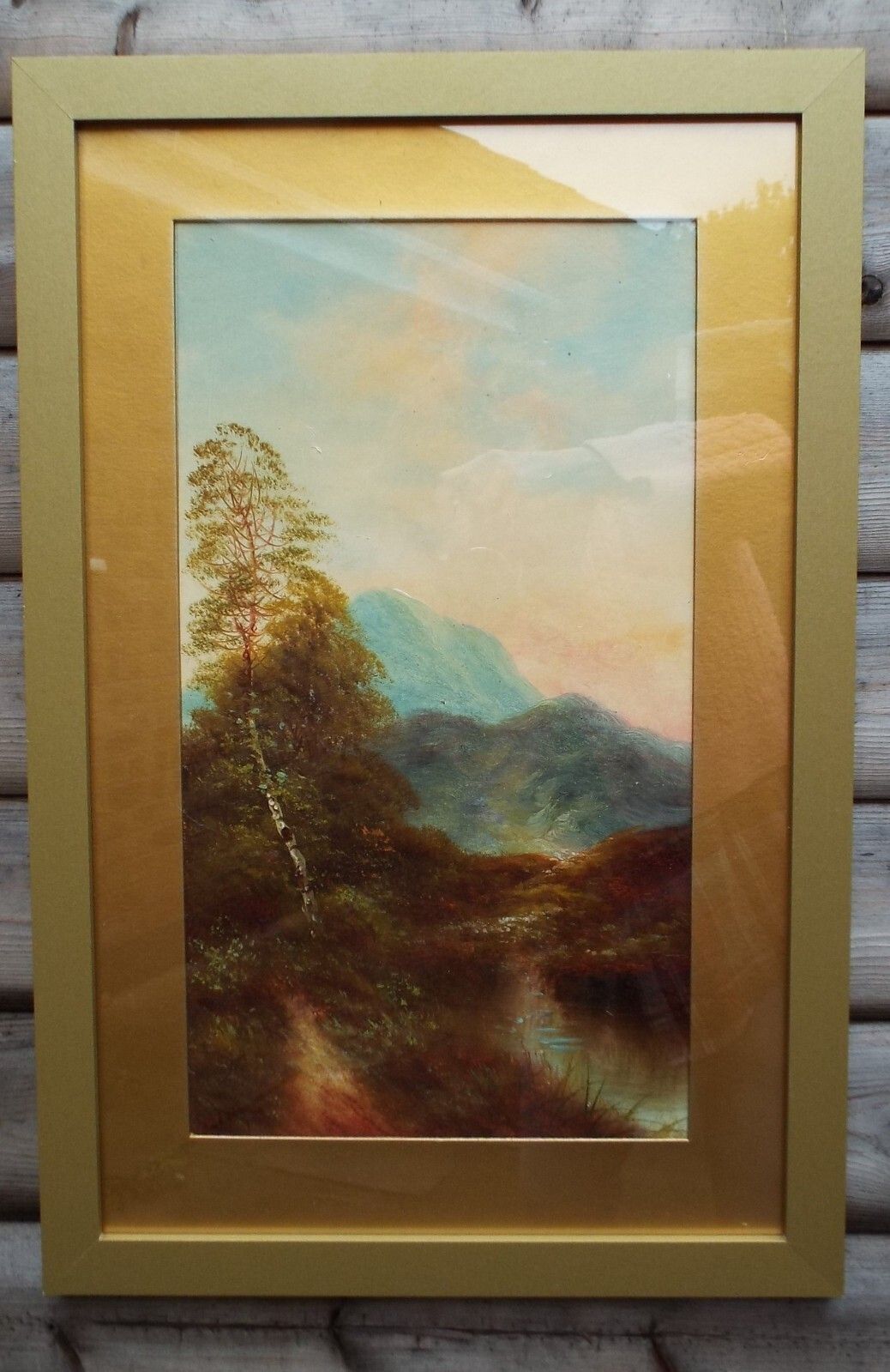 Large Antique Victorian Oil Painting  In New Gold Frame Mountain River Landscape