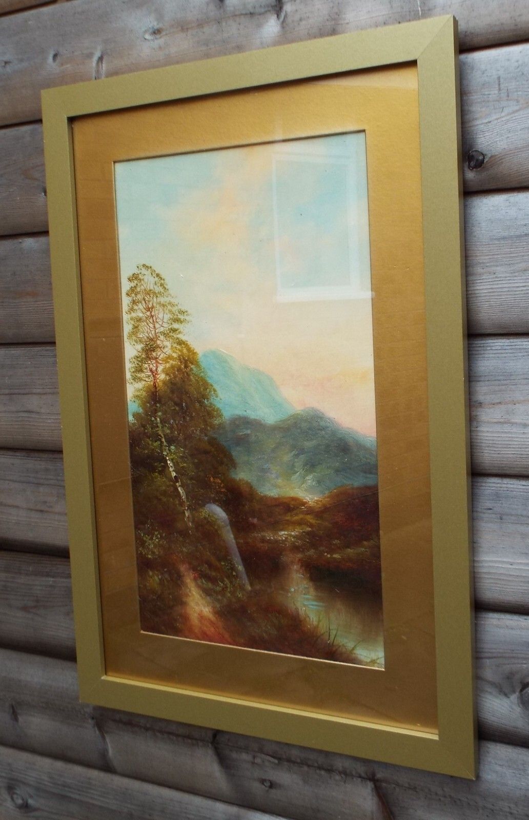 Large Antique Victorian Oil Painting  In New Gold Frame Mountain River Landscape photo furniture