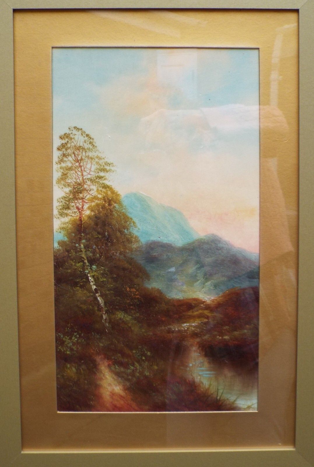 Large Antique Victorian Oil Painting  In New Gold Frame Mountain River Landscape photo buy