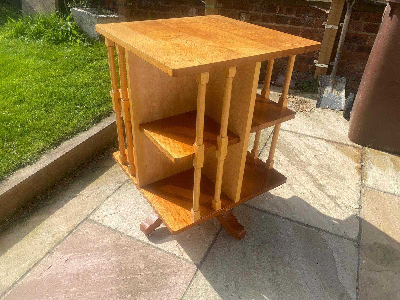 Cherry Wood Revolving Bookcase With Spindle Supports Carved Unicorn Makers Mark