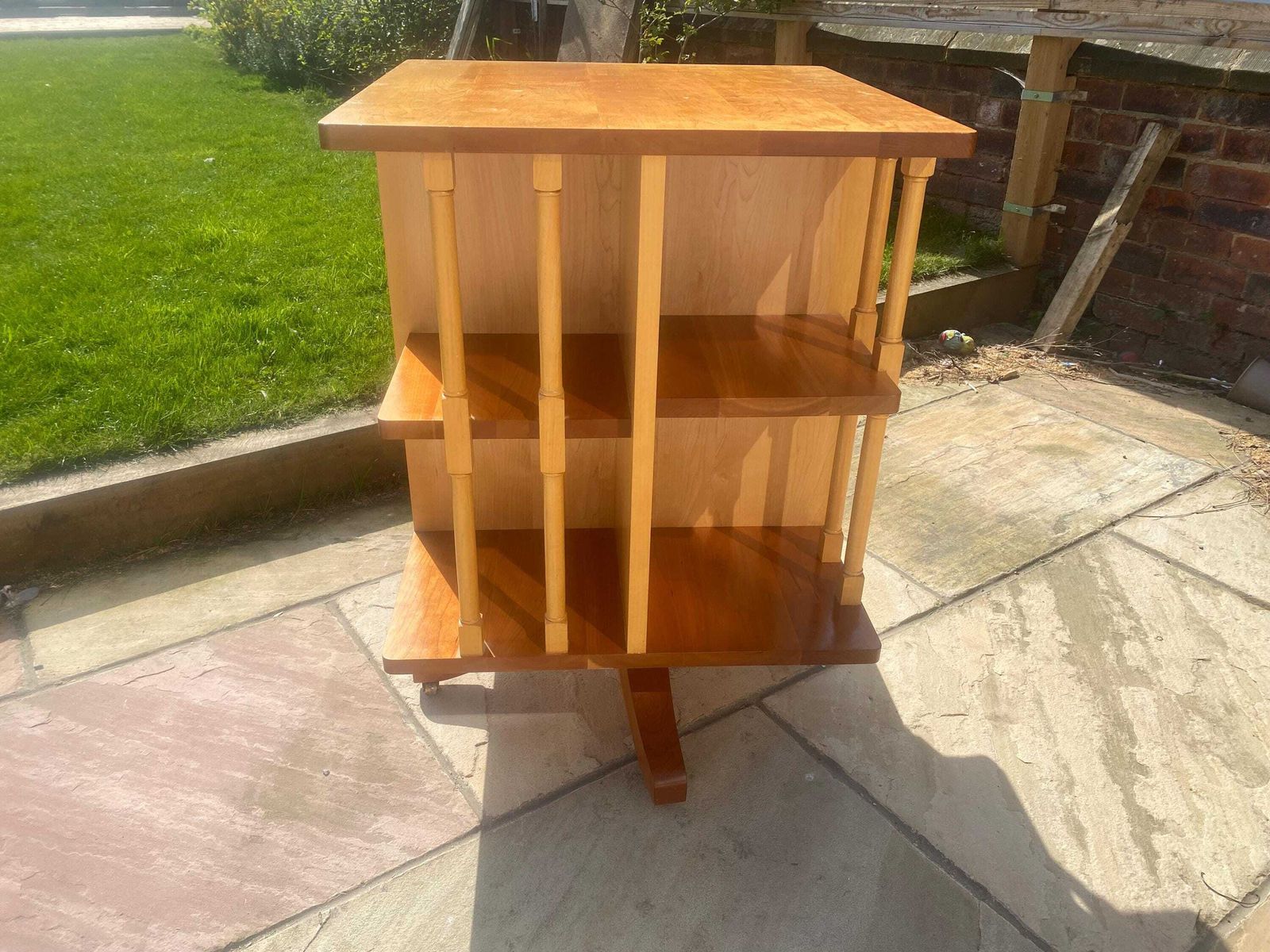Cherry Wood Revolving Bookcase With Spindle Supports Carved Unicorn Makers Mark photo for sale