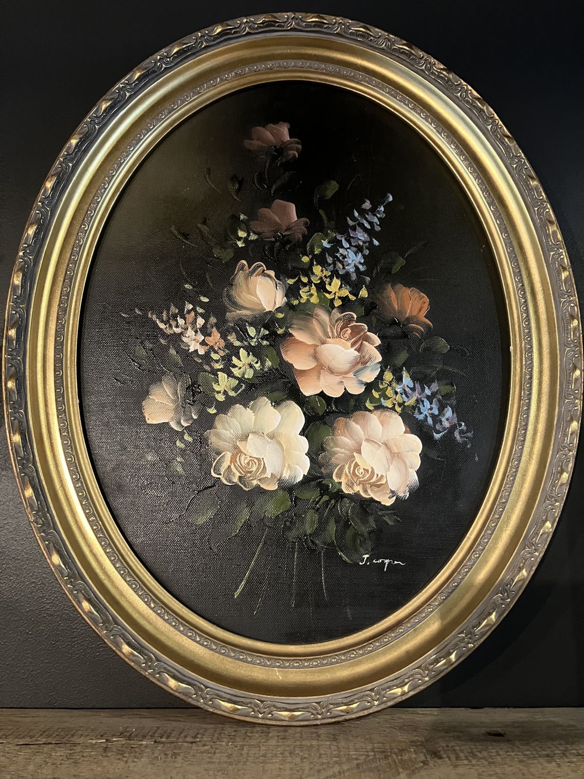 Signed Floral Oil Painting In Gilt Frame photo furniture