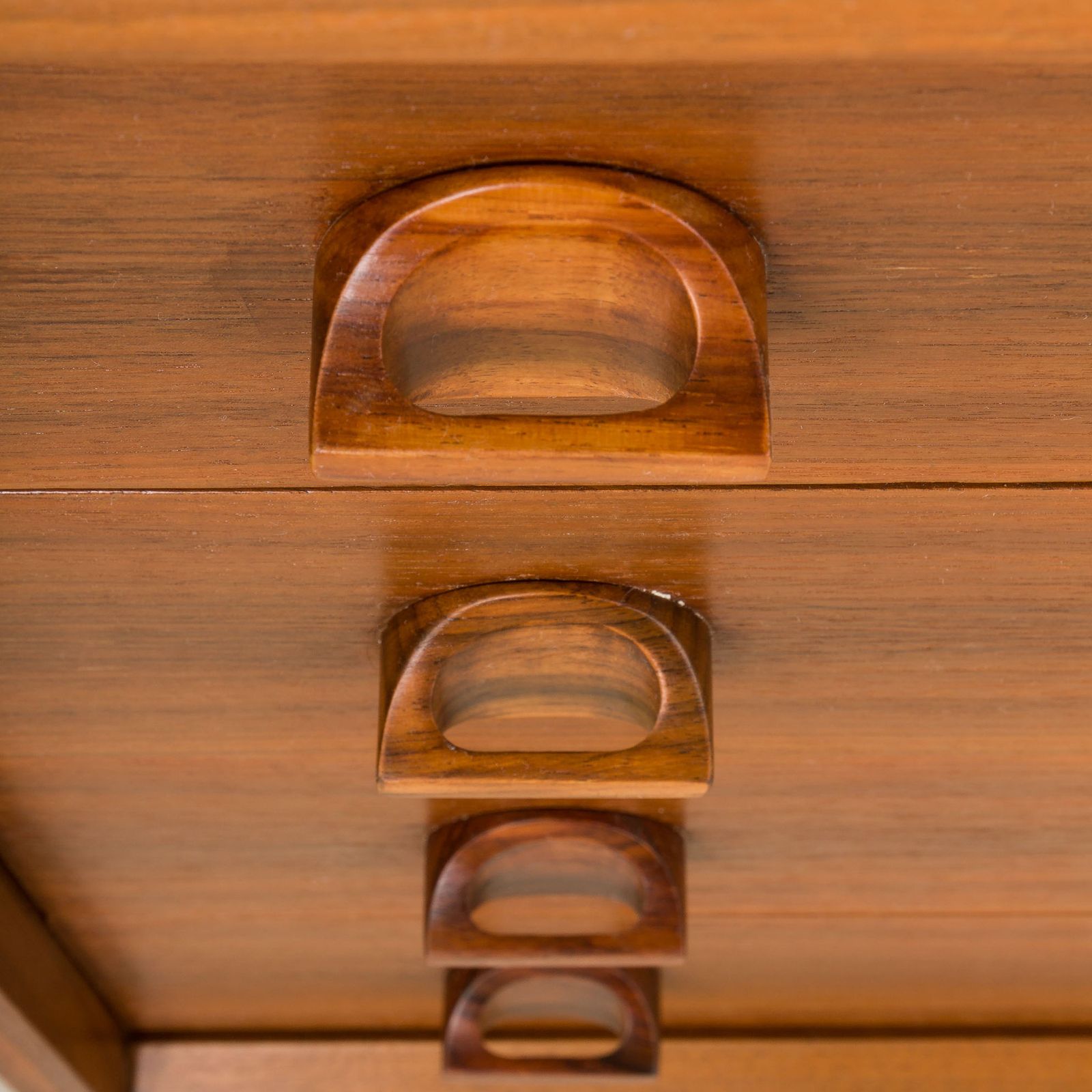 photo for sale Italian Mid Century Extra Wide Walnut Chest Of Drawers With Sculptural Handles, 1960s