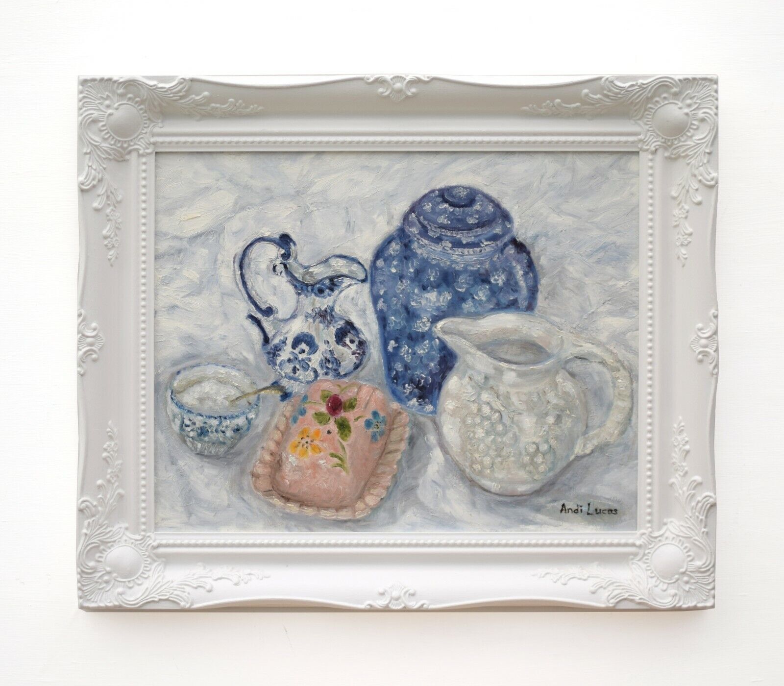 Country Kitchen Still Life Oil Painting Signed Framed Original Blue Pottery Andi photo furniture