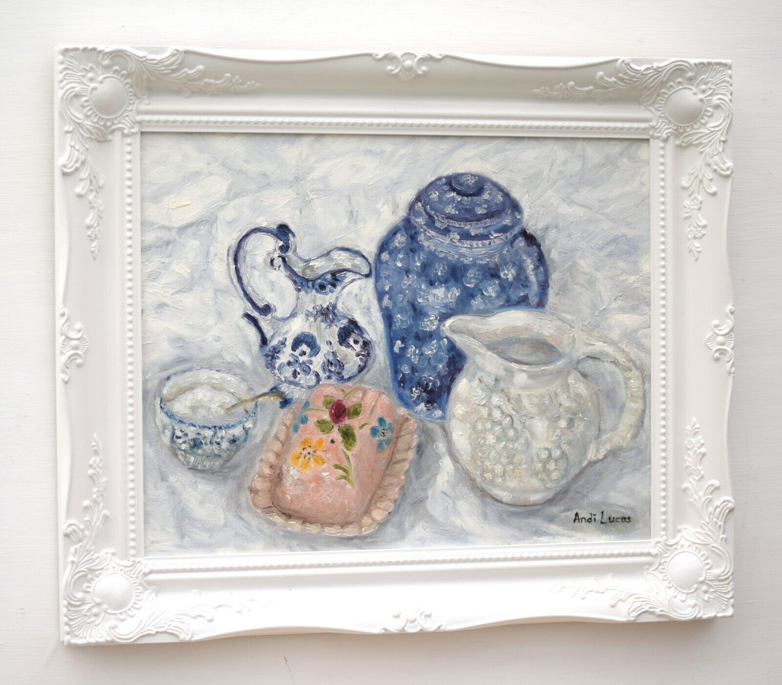 Country Kitchen Still Life Oil Painting Signed Framed Original Blue Pottery Andi photo Art