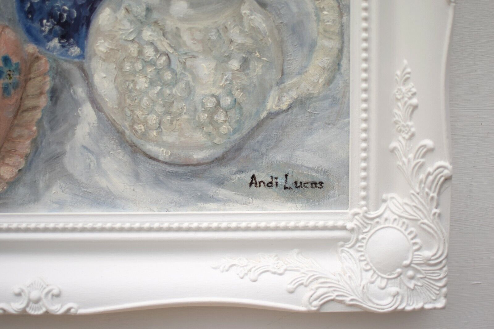 Country Kitchen Still Life Oil Painting Signed Framed Original Blue Pottery Andi photo buy