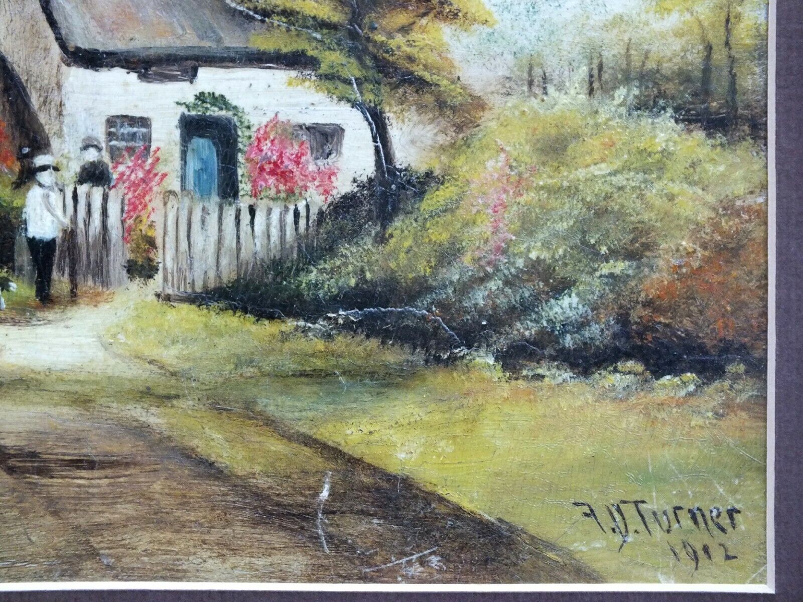 photo furniture Thatched Cottage, English Farming Landscape Antique Oil Painting, Framed Signed