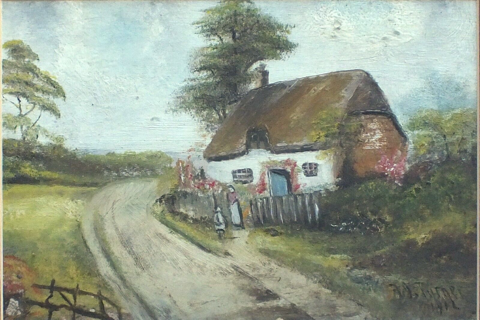 Thatched Cottage, English Country Landscape Antique Oil Painting, Framed Signed photo Art