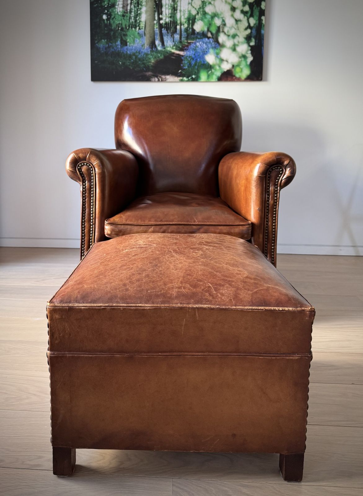 Original French 1940s/50s Leather Pouffe / Ottoman. photo for sale
