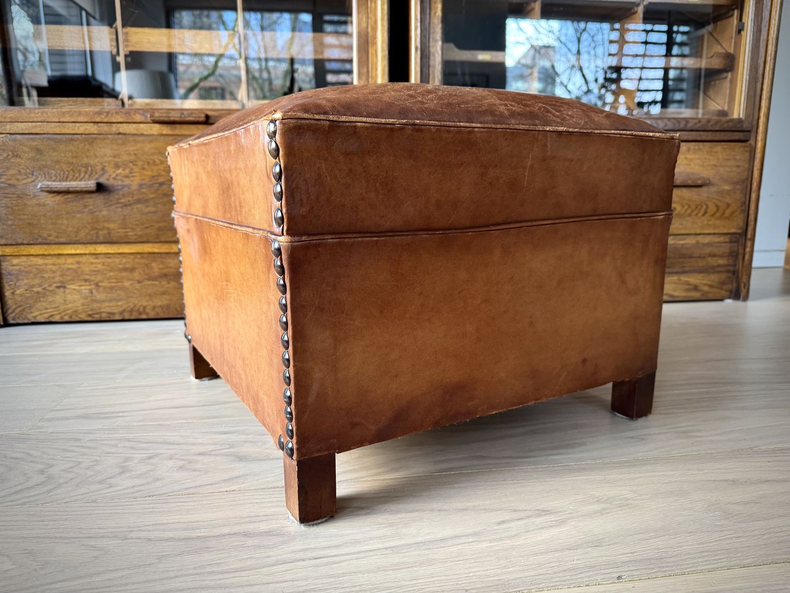 photo furniture Original French 1940s/50s Leather Pouffe / Ottoman.