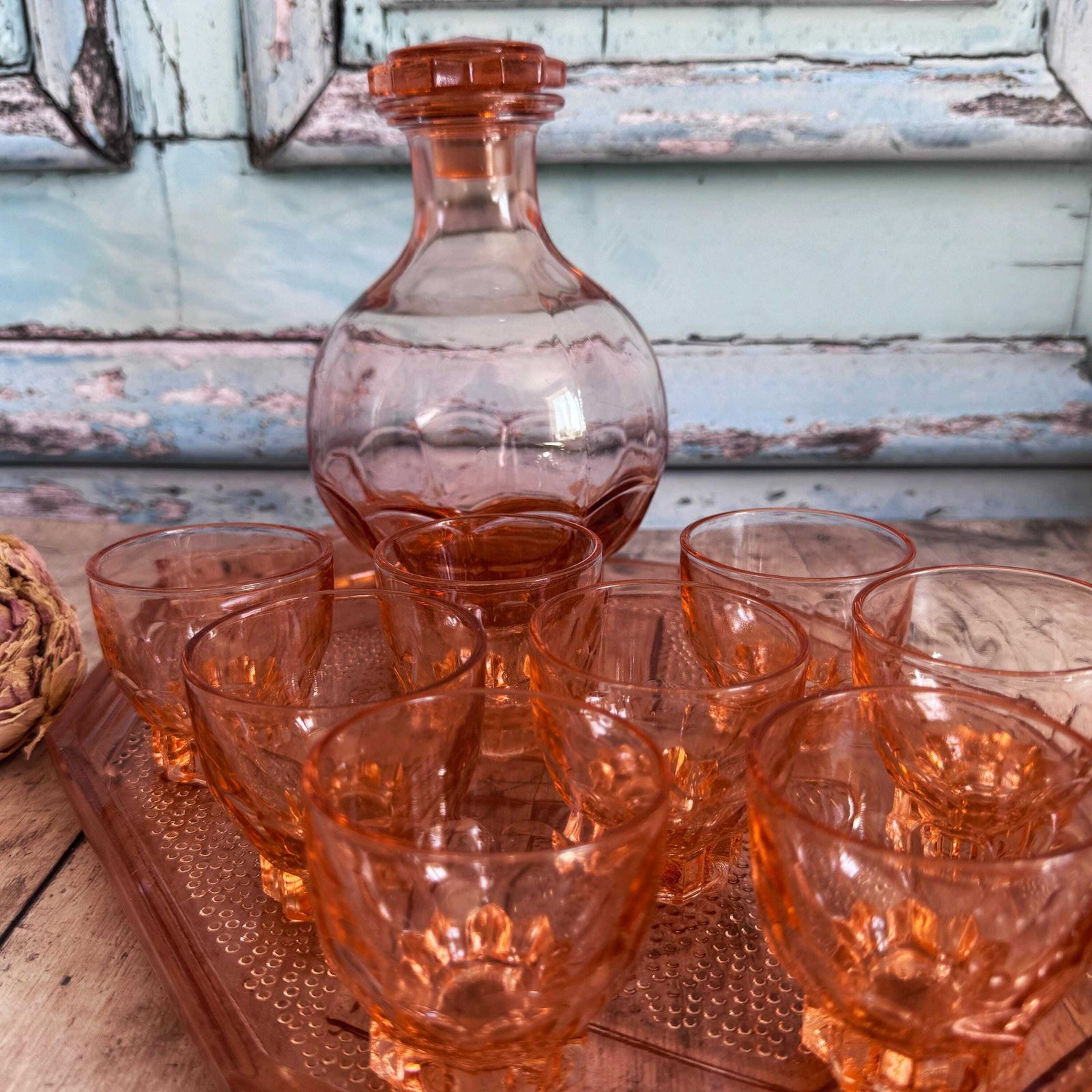 French Vintage Pink Glass Carafe And 8 Glasses On Tray photo for sale