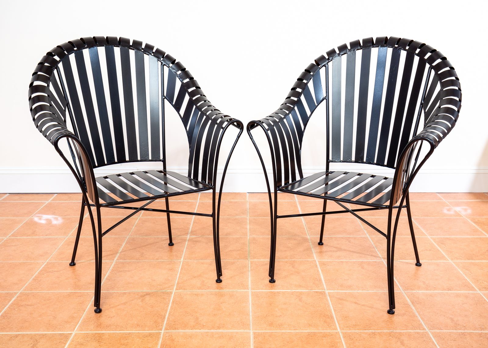 Modernist Iron Strap Garden Armchairs Pair Sculptural Brutalist 1980s Mcm Patio Outdoors Outside  French Machinisme Woodard Carre Salterini Style photo Garden Furniture