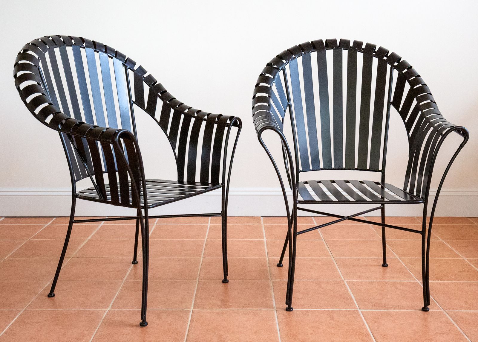 1950.0 Modernist Iron Strap Garden Armchairs Pair Sculptural Brutalist 1980s Mcm Patio Outdoors Outside  French Machinisme Woodard Carre Salterini Style photo