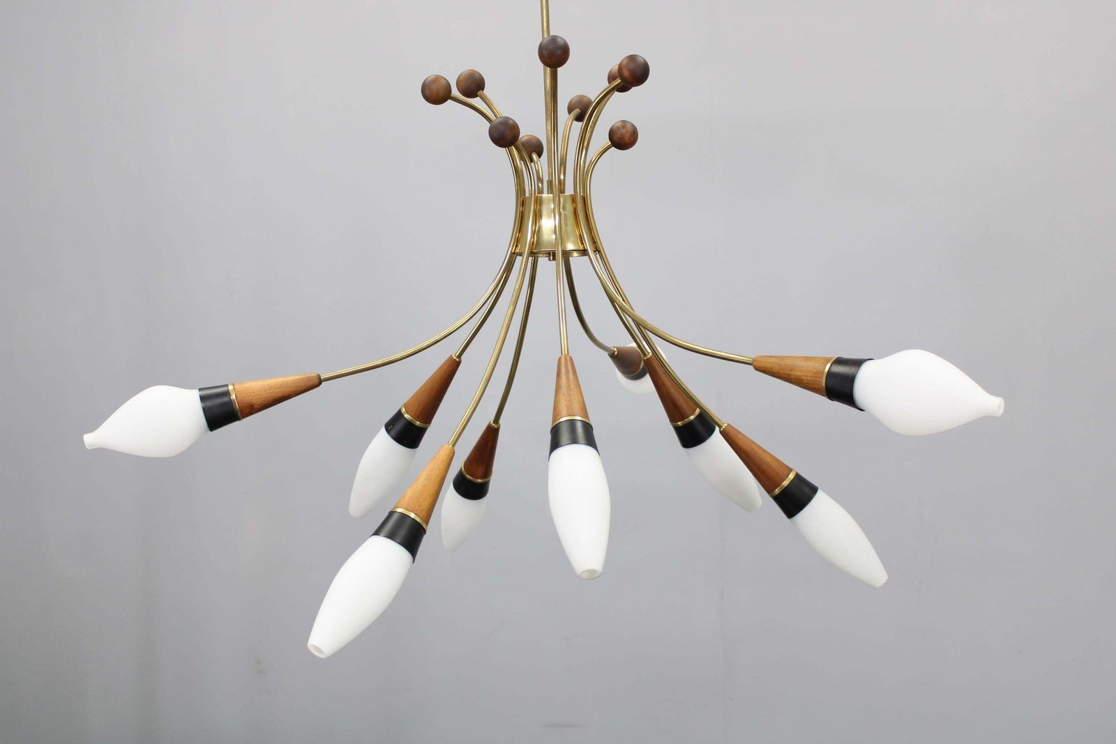 1960s Rupert Nikoll Brass And Teak Opaline Glass Chandelier, Austria photo vinterior