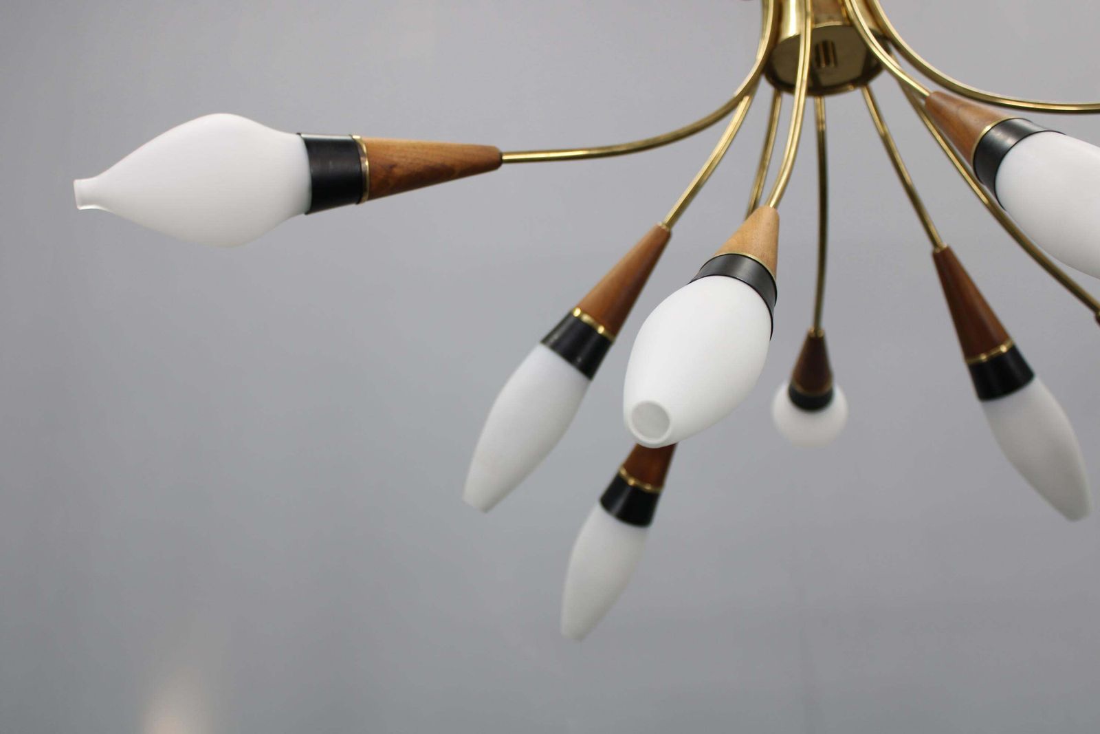 photo vinterior 1960s Rupert Nikoll Brass And Teak Opaline Glass Chandelier, Austria