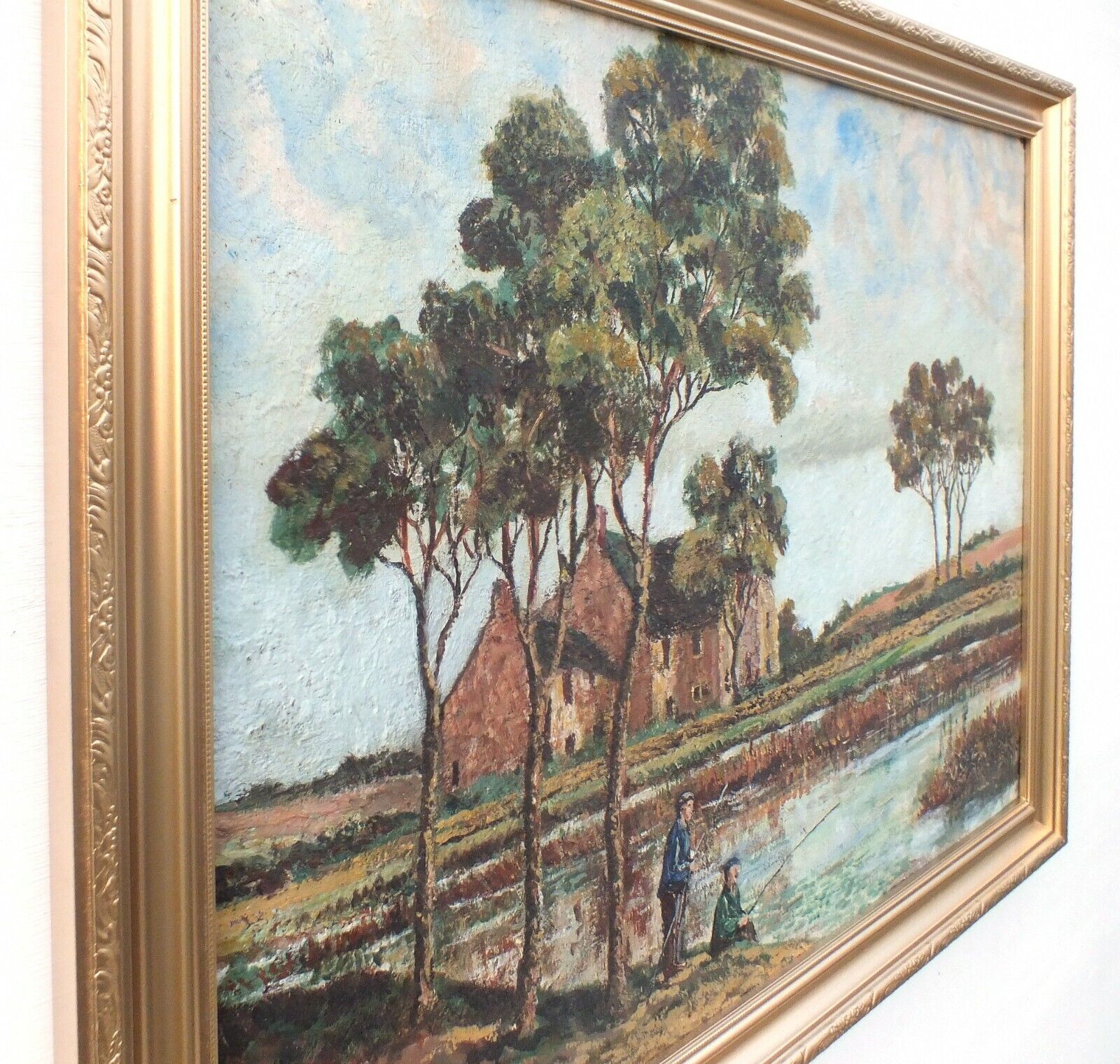 English Landscape Vintage Oil Painting Fishing Lake Framed photo buy