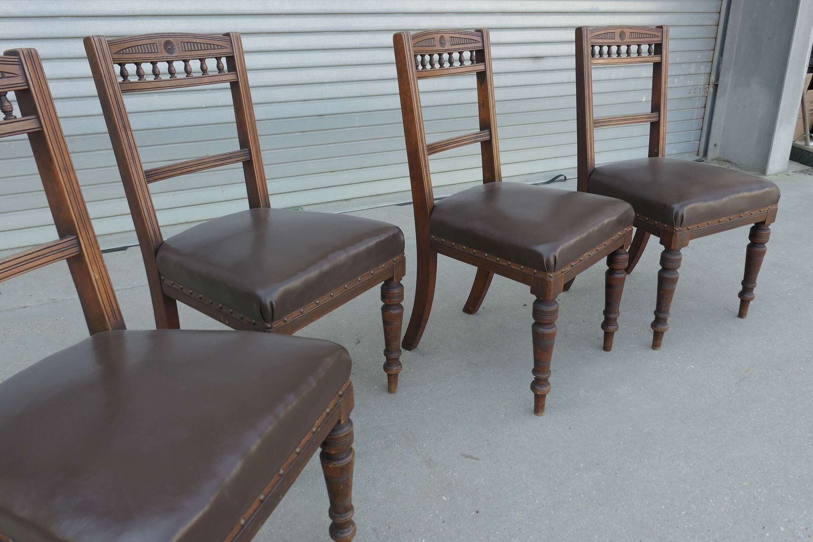Set Of Very Heavy 4 Edwardian Carved Oak And Leather Dining Chairs photo Furniture