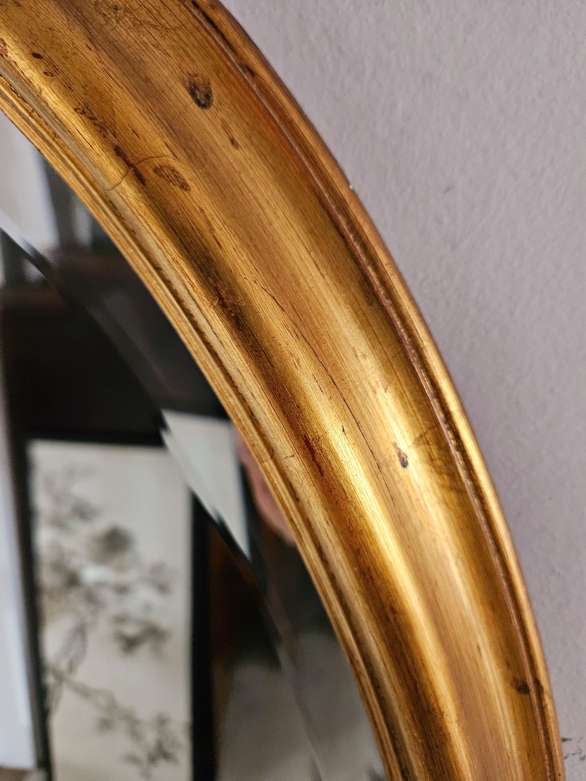 Large, Heavy, Oval Mirror With Gold, Wood Frame And Bevelled Glass photo for sale