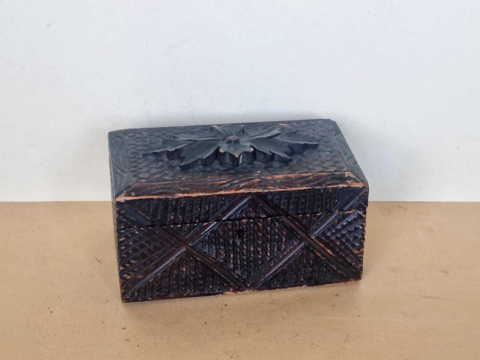 Antique Hand Carved Black Forest Box | Rustic Wooden Trinket Chest | Purple Velvet Interior 4x7 Inch photo 75.0