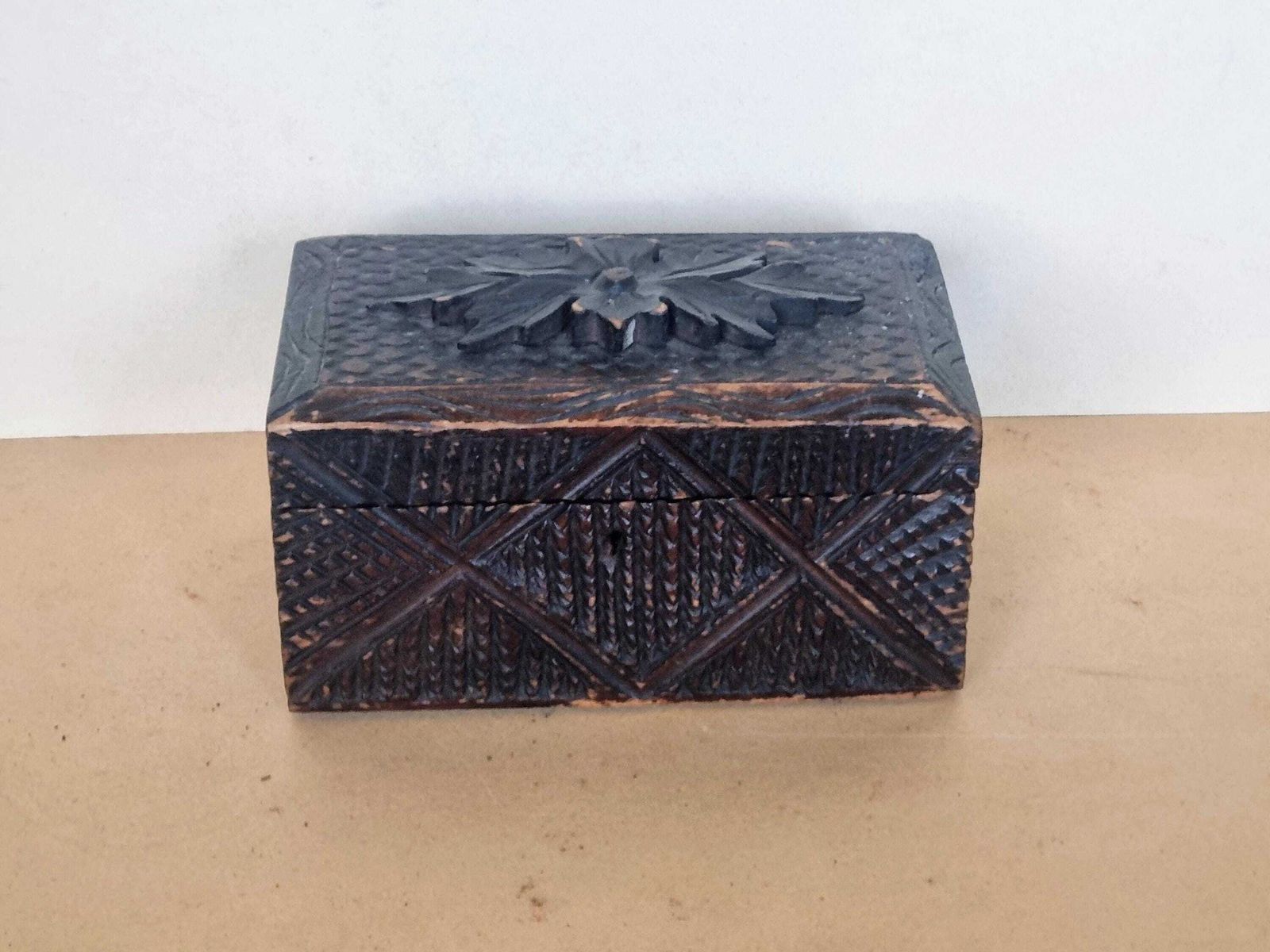photo furniture Antique Hand Carved Black Forest Box | Rustic Wooden Trinket Chest | Purple Velvet Interior 4x7 Inch