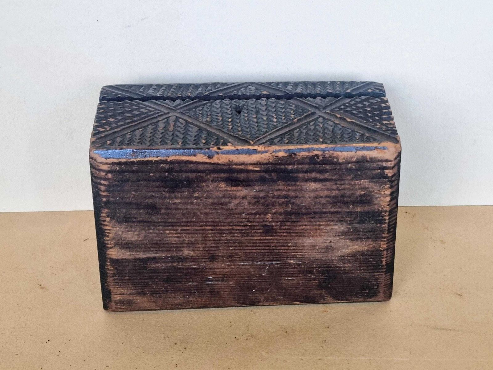photo for sale Antique Hand Carved Black Forest Box | Rustic Wooden Trinket Chest | Purple Velvet Interior 4x7 Inch