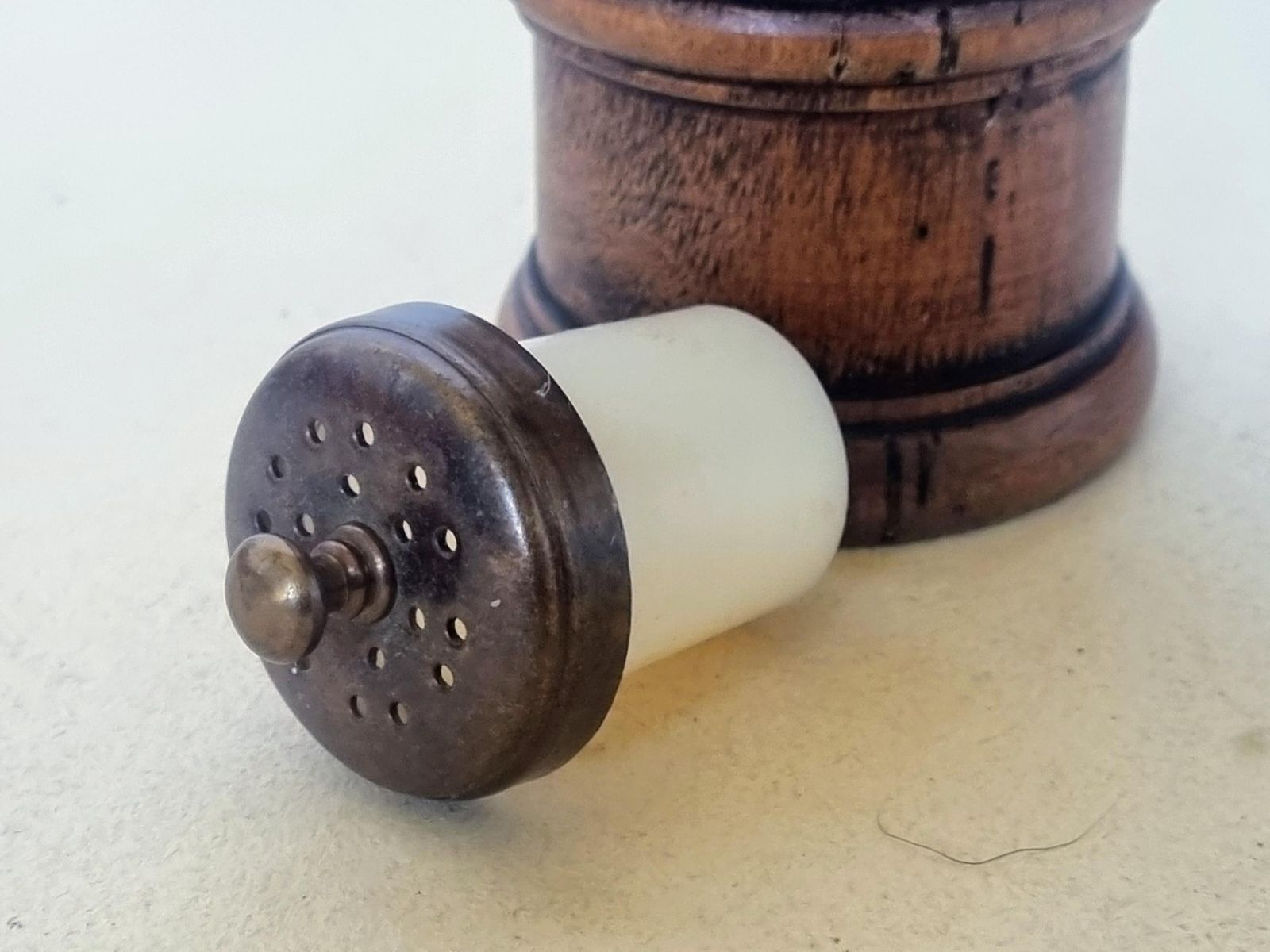 Antique Treen Pepper Grinder | Victorian Wooden Spice Mill | Turned Walnut Kitchen Tool With Early Plastic Grinder photo furniture
