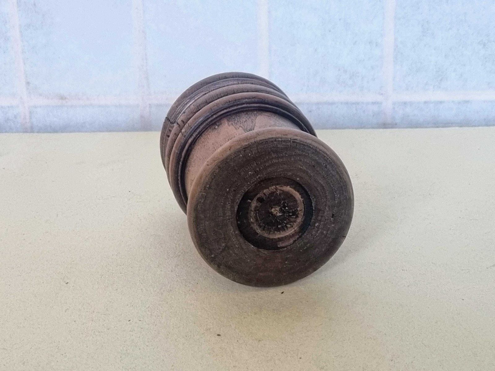 Antique Treen Pepper Grinder | Victorian Wooden Spice Mill | Turned Walnut Kitchen Tool With Early Plastic Grinder photo Home Decor