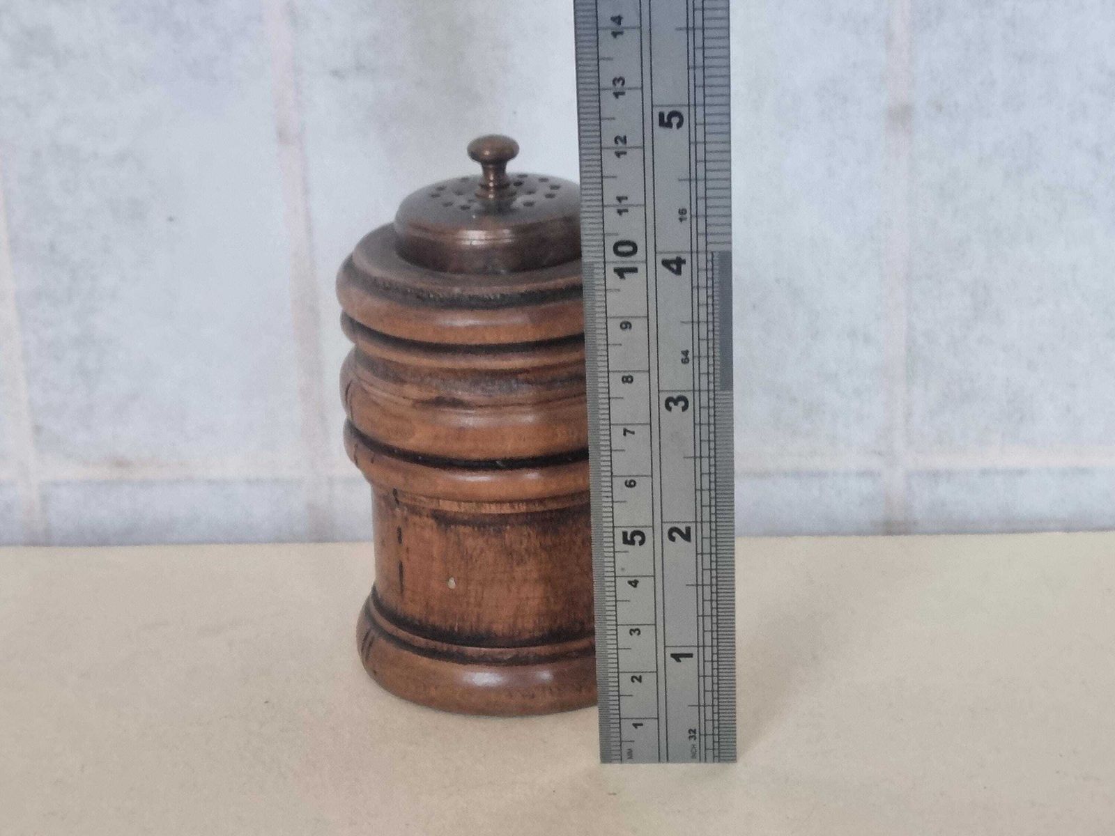 Antique Treen Pepper Grinder | Victorian Wooden Spice Mill | Turned Walnut Kitchen Tool With Early Plastic Grinder photo buy