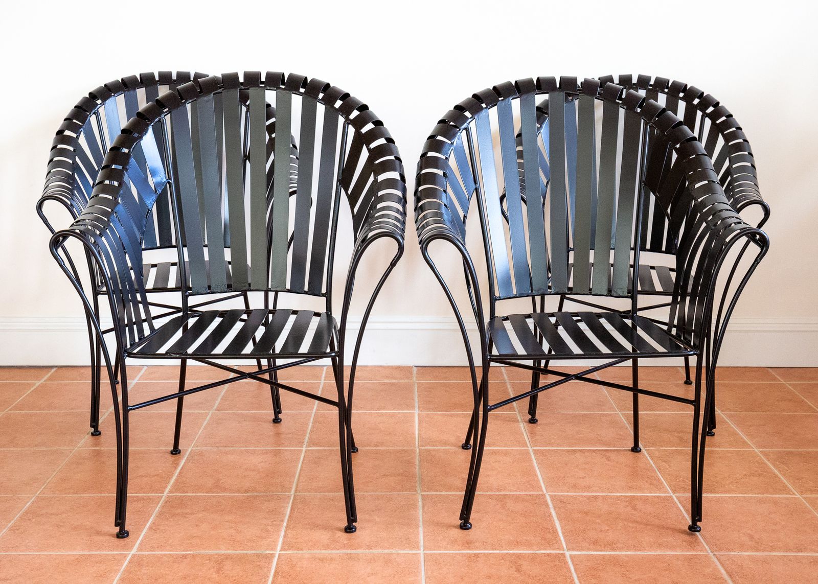 Set Of 4 Modernist Iron Strap Garden Armchairs Pair Sculptural Brutalist 1980s Mcm Patio Outdoors Outside French Machinisme Woodard Carre Salterini photo 3495.0