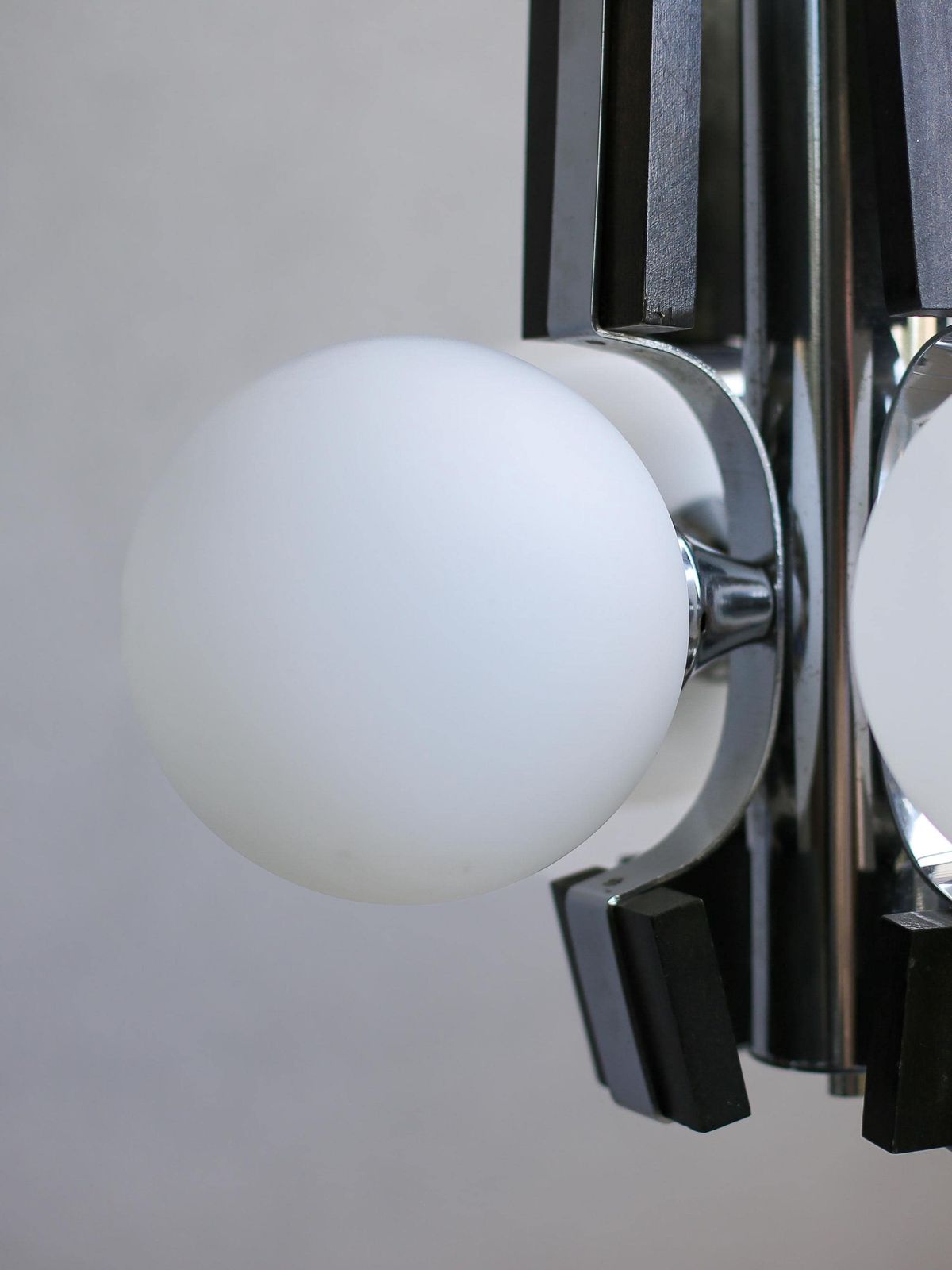 Brutalist Sputnik Pendant Lamp – Chrome Wood & Milky Glass – Yugoslavia 70s – Mid Century Modern Lighting photo buy