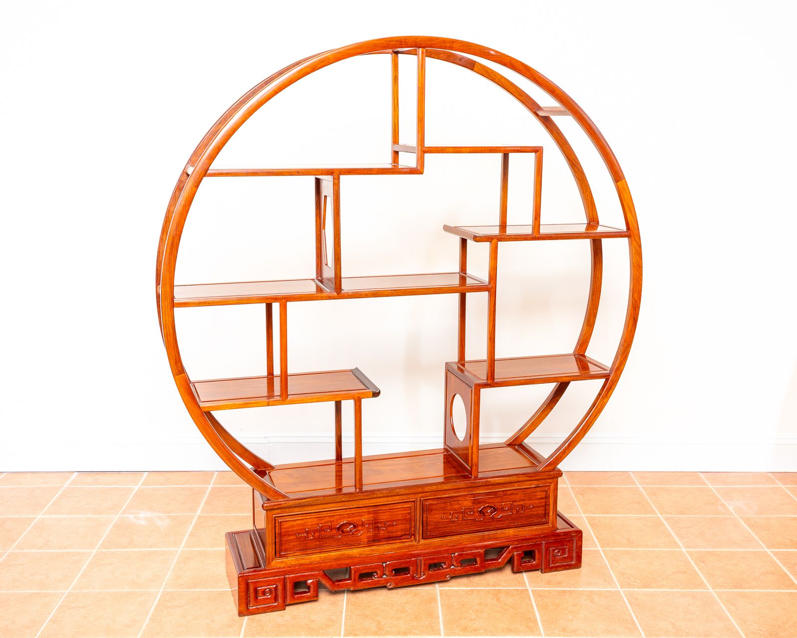 Fine Chinese Display Stand Shelves Bookcase Oriental Circular Large Shelving Room Divider Eastern Moon Gate Mingei Jumu Asian Zen photo vintage