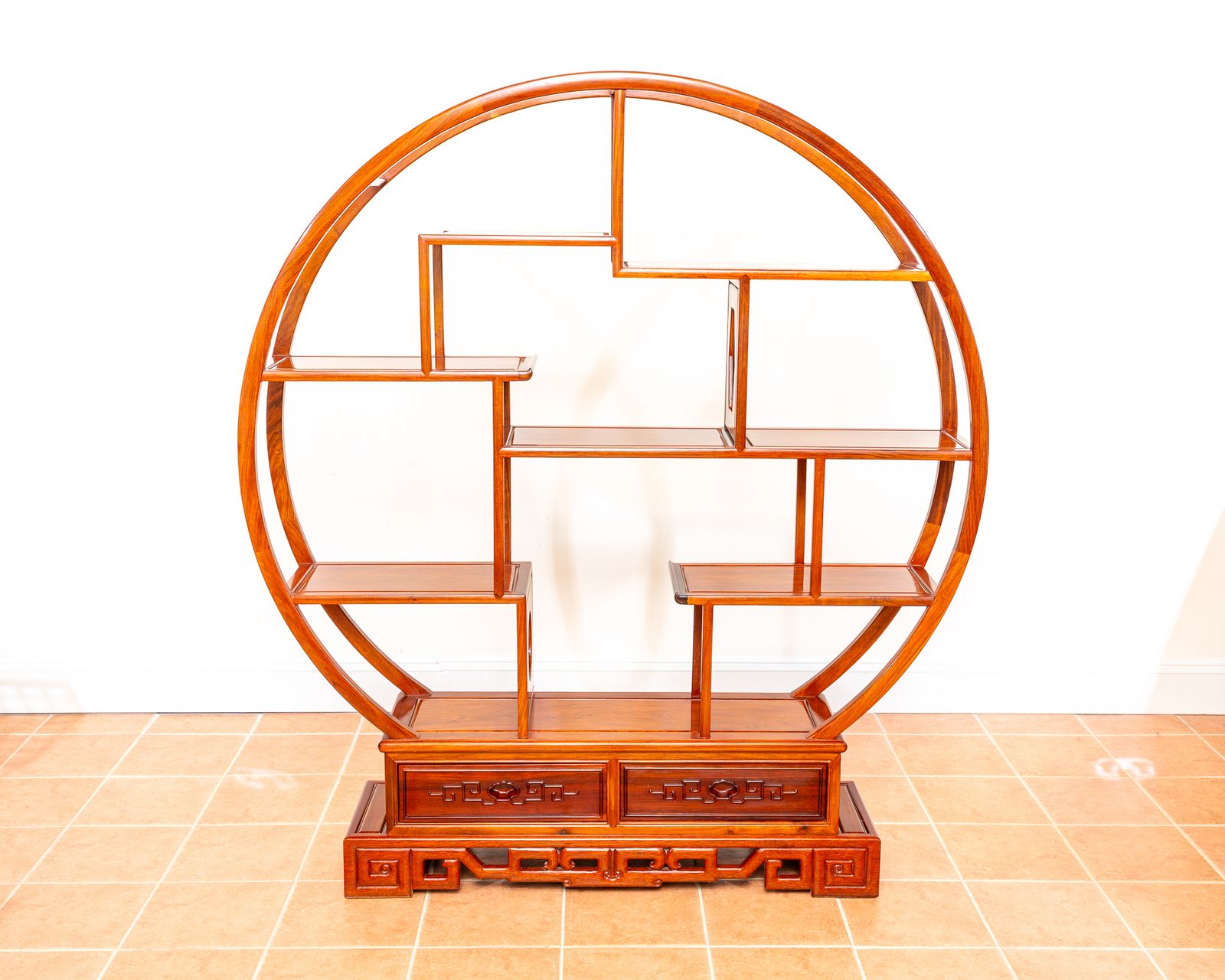 Fine Chinese Display Stand Shelves Bookcase Oriental Circular Large Shelving Room Divider Eastern Moon Gate Mingei Jumu Asian Zen photo furniture
