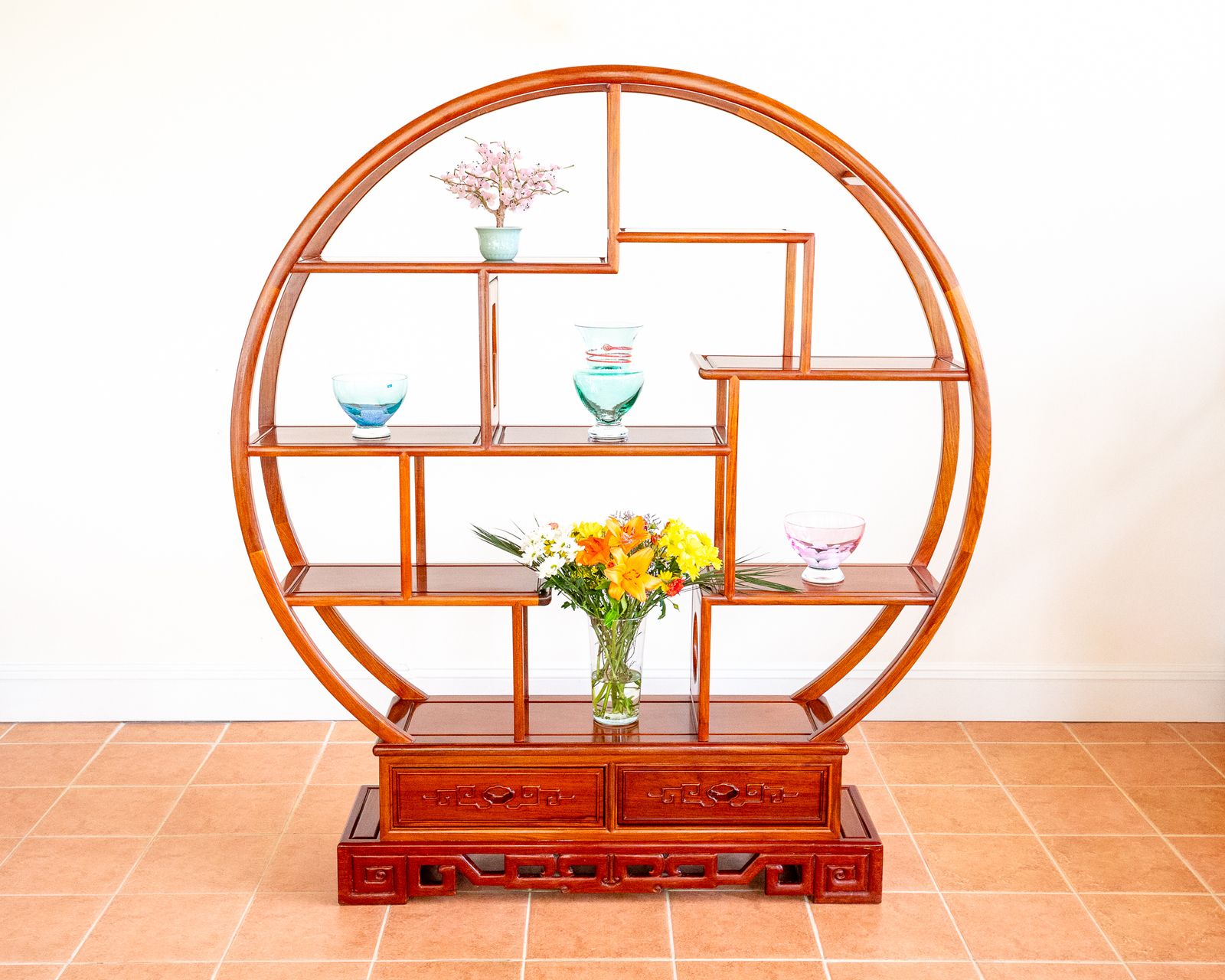 photo buy Fine Chinese Display Stand Shelves Bookcase Oriental Circular Large Shelving Room Divider Eastern Moon Gate Mingei Jumu Asian Zen