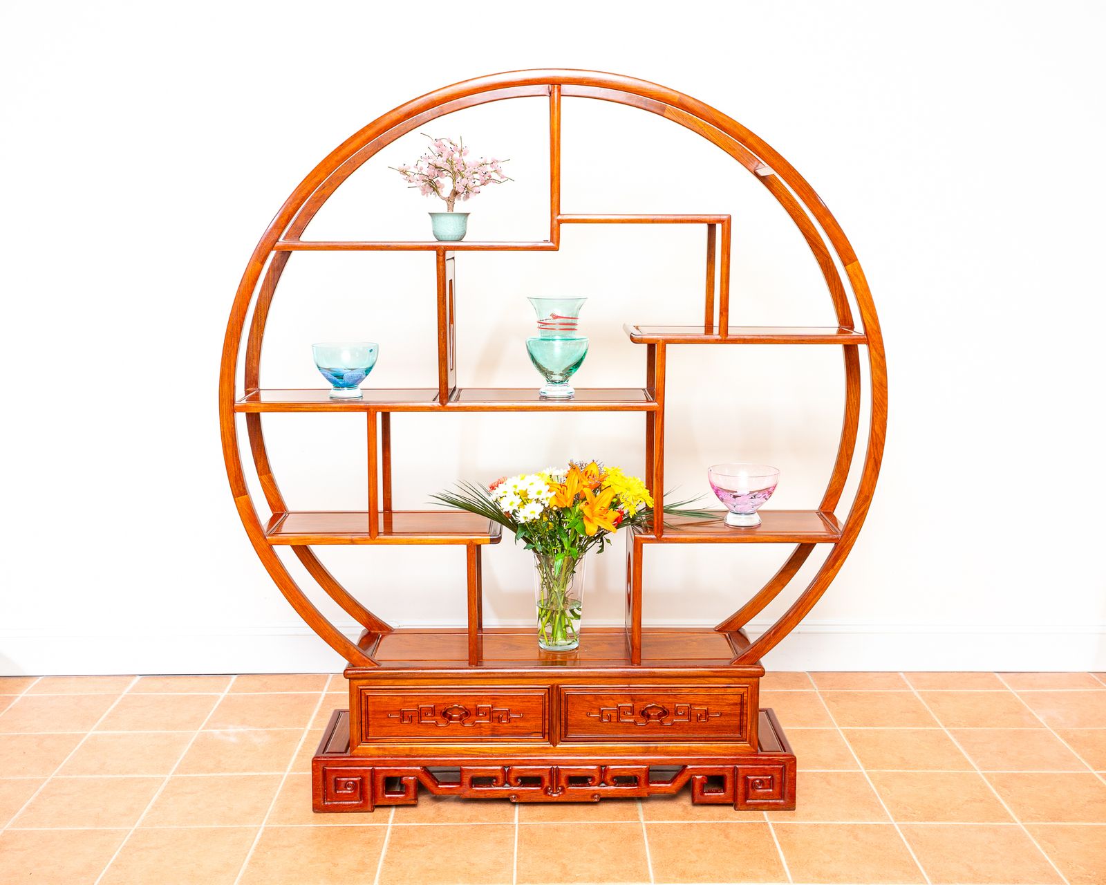 Fine Chinese Display Stand Shelves Bookcase Oriental Circular Large Shelving Room Divider Eastern Moon Gate Mingei Jumu Asian Zen