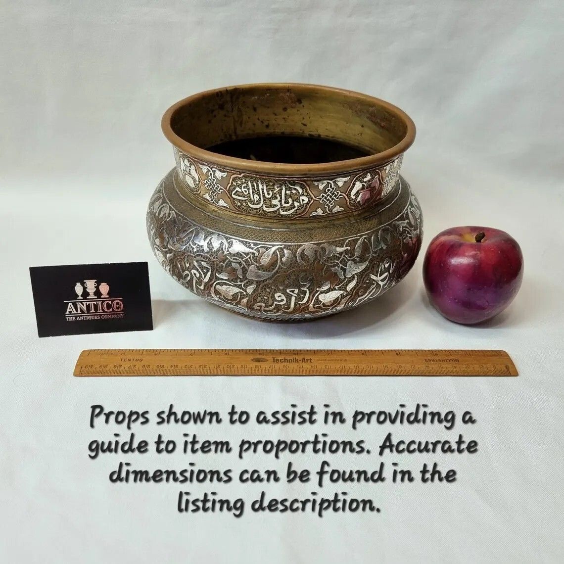 Home Decor Antique Brass Middle Eastern Islamic Cairoware Style Jardiniere, Overlaid With Silver And Copper And Royal Family Mountbatten Inscription photo