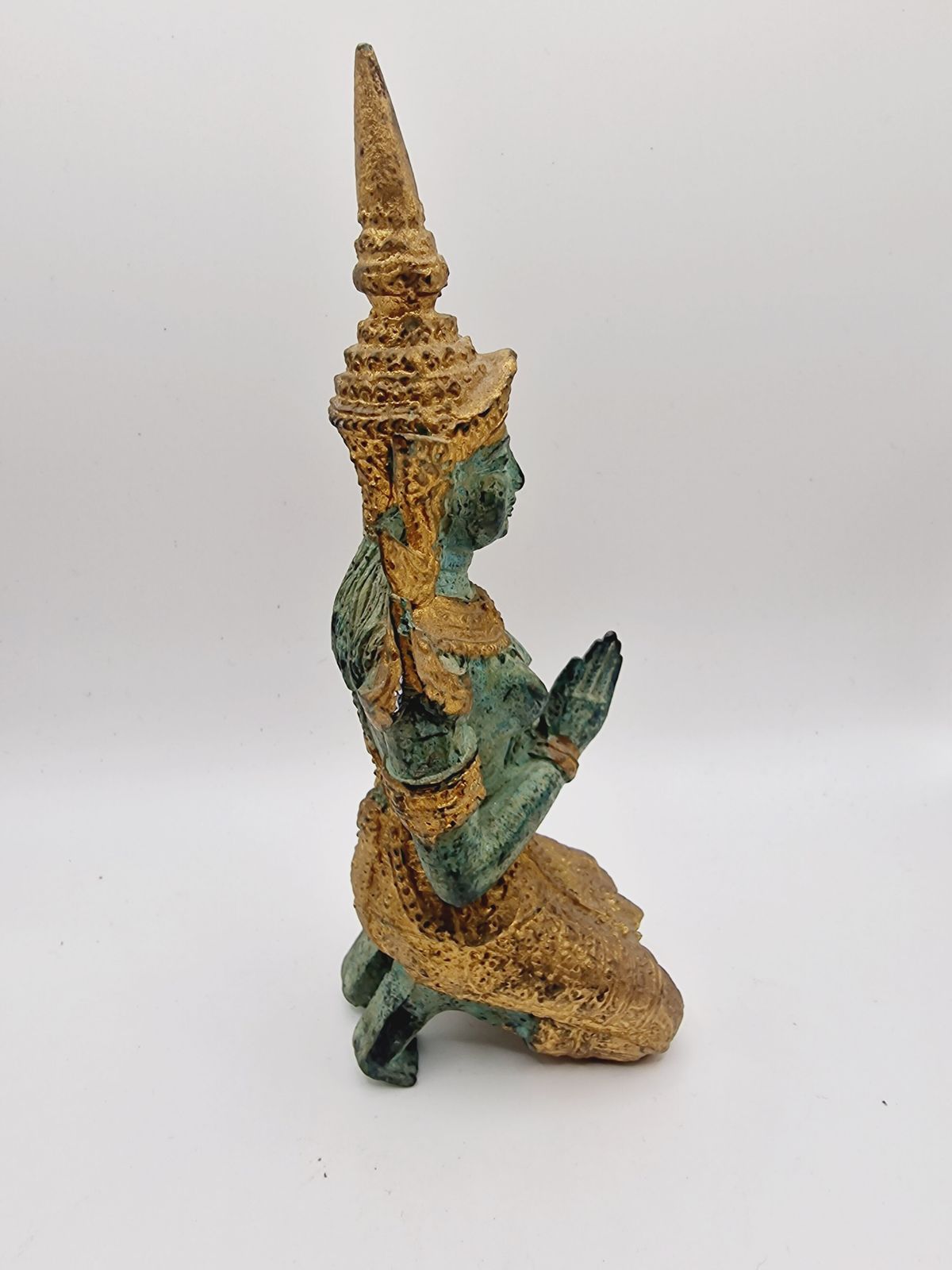 Vintage Bronze Thai Female Temple Guardian In Prayer Figurine photo vinterior